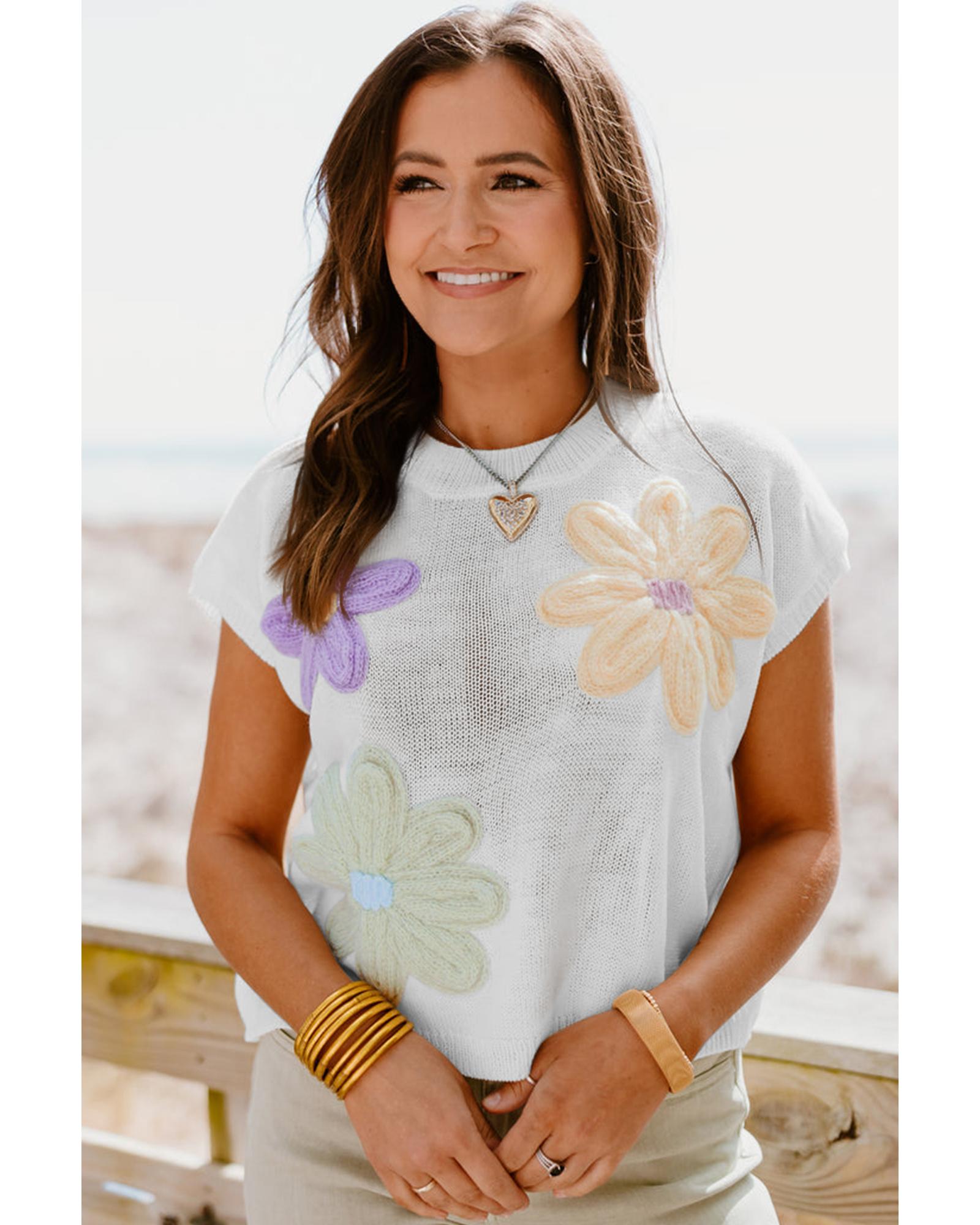 White Multi Crochet Flower Knit Short Sleeve Sweater Tops - XL