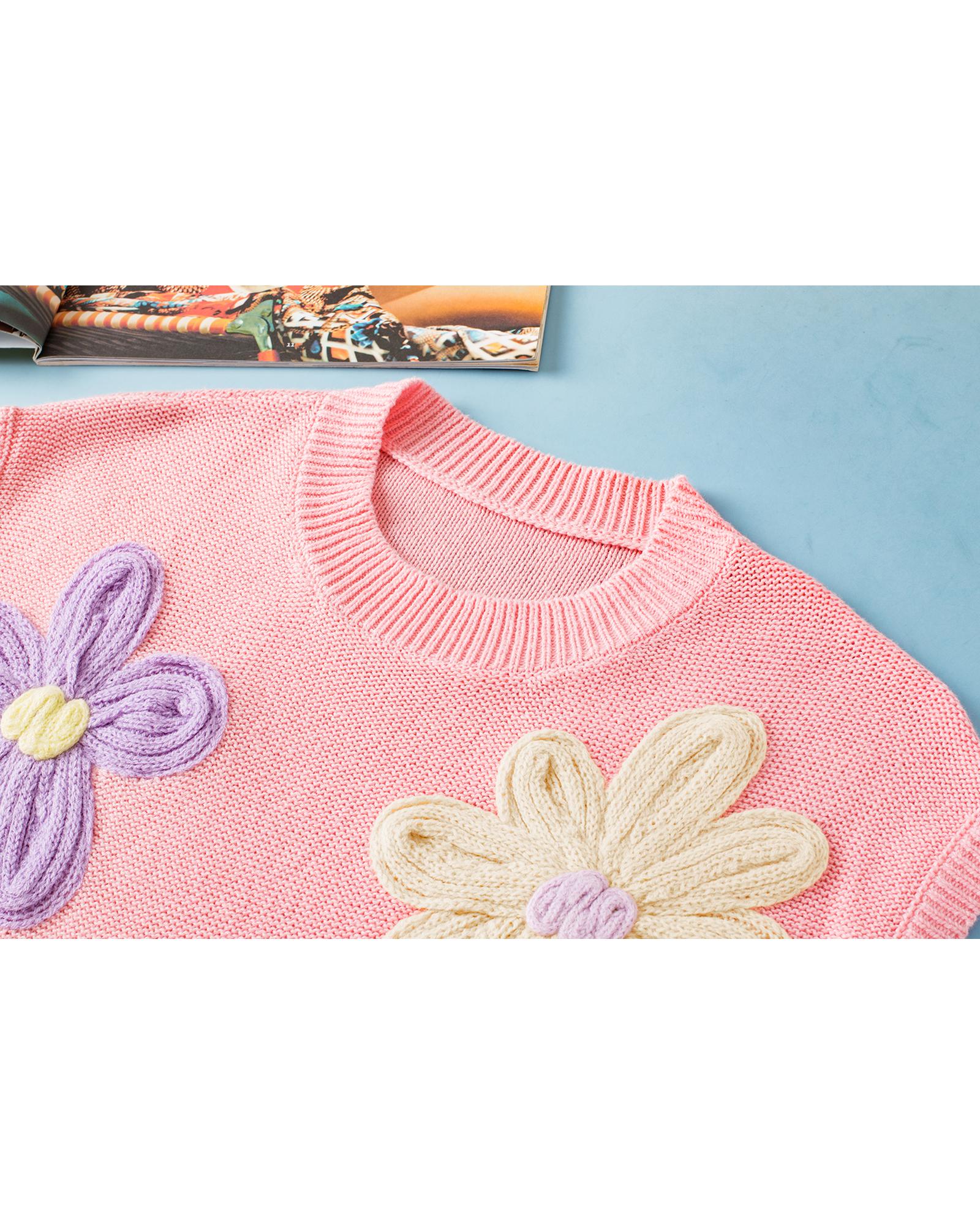 Pink Multi Crochet Flower Knit Short Sleeve Sweater Top - L