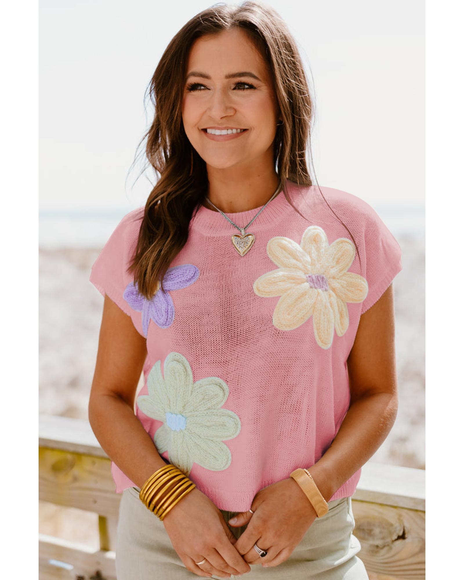 Pink Multi Crochet Flower Knit Short Sleeve Sweater Top - M