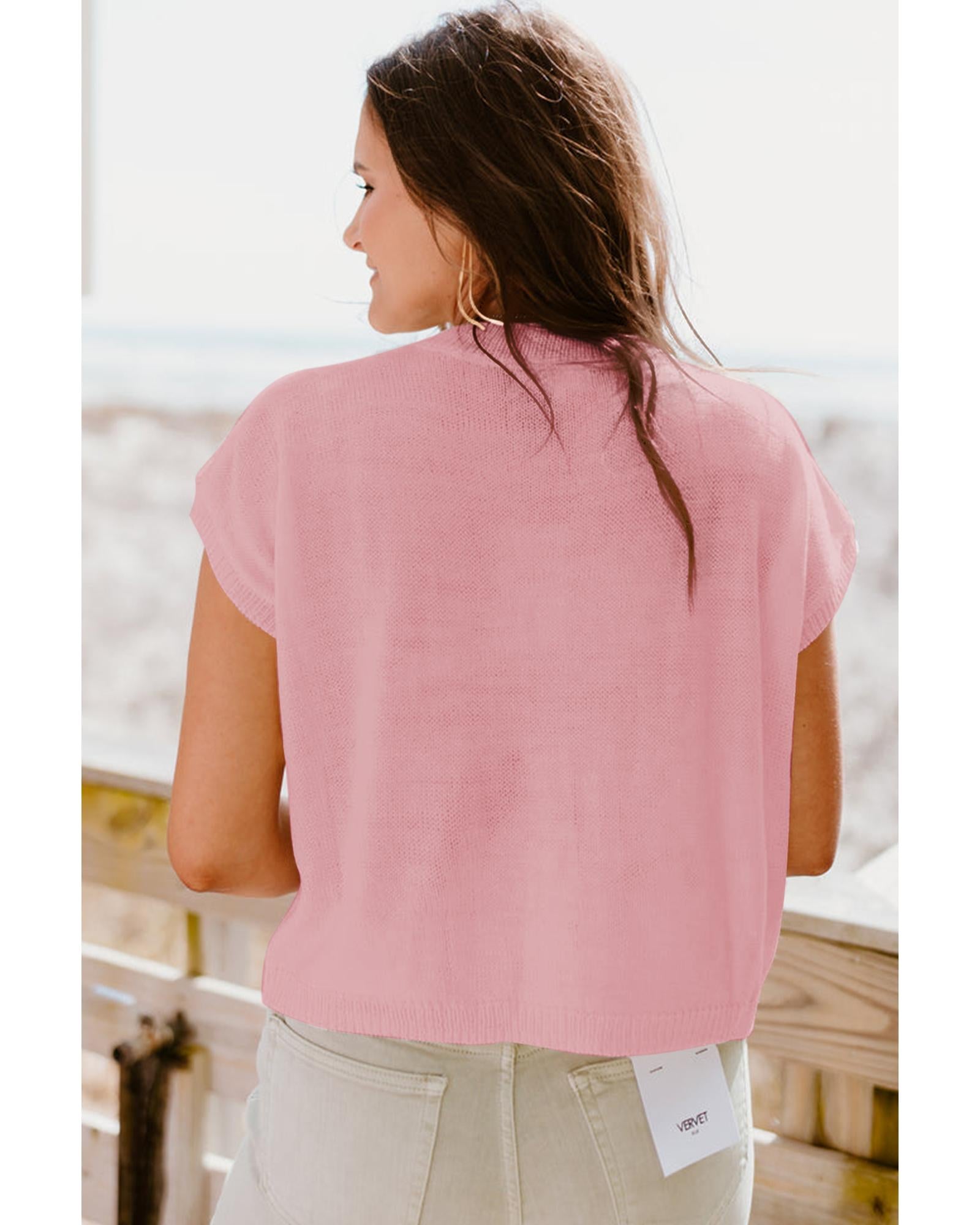 Pink Multi Crochet Flower Knit Short Sleeve Sweater Top - M