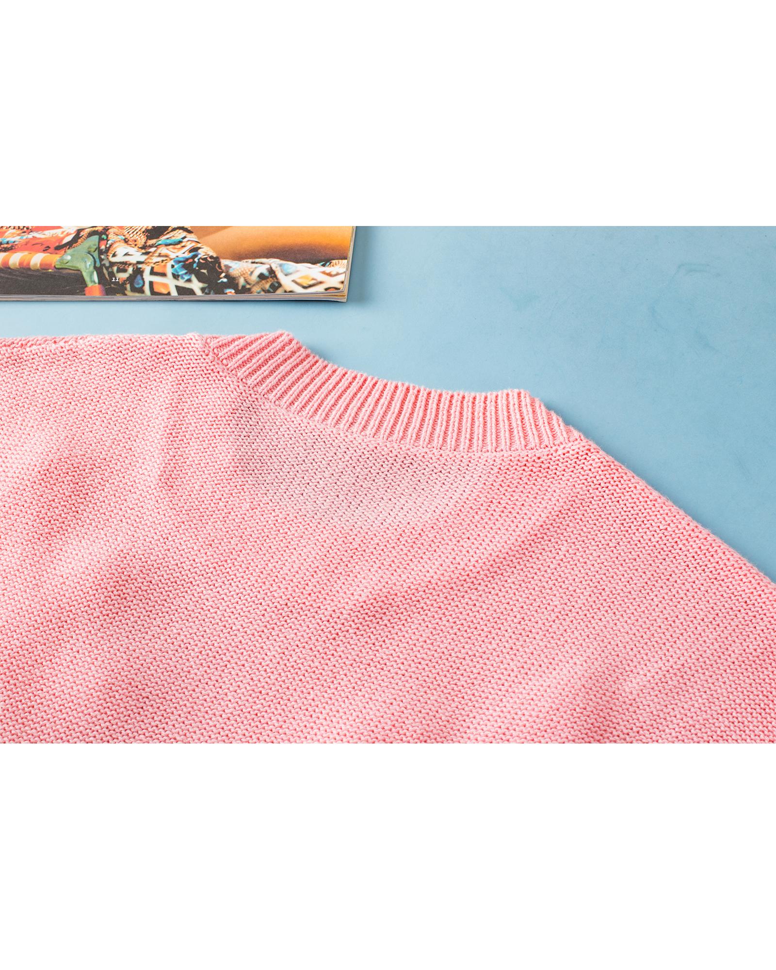 Pink Multi Crochet Flower Knit Short Sleeve Sweater Top - M