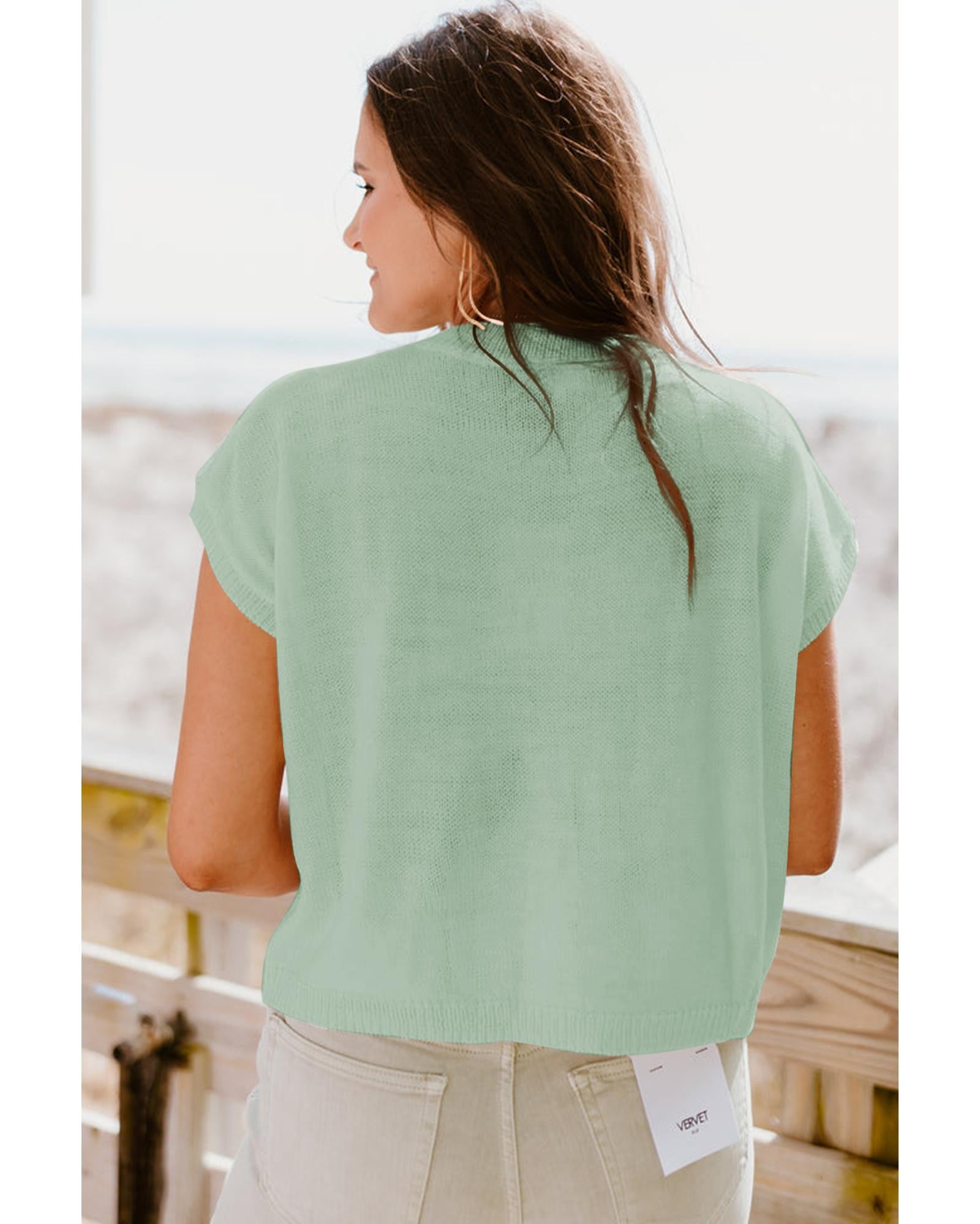 Moonlight Jade Multi Crochet Flower Knit Short Sleeve Sweater Top - XL