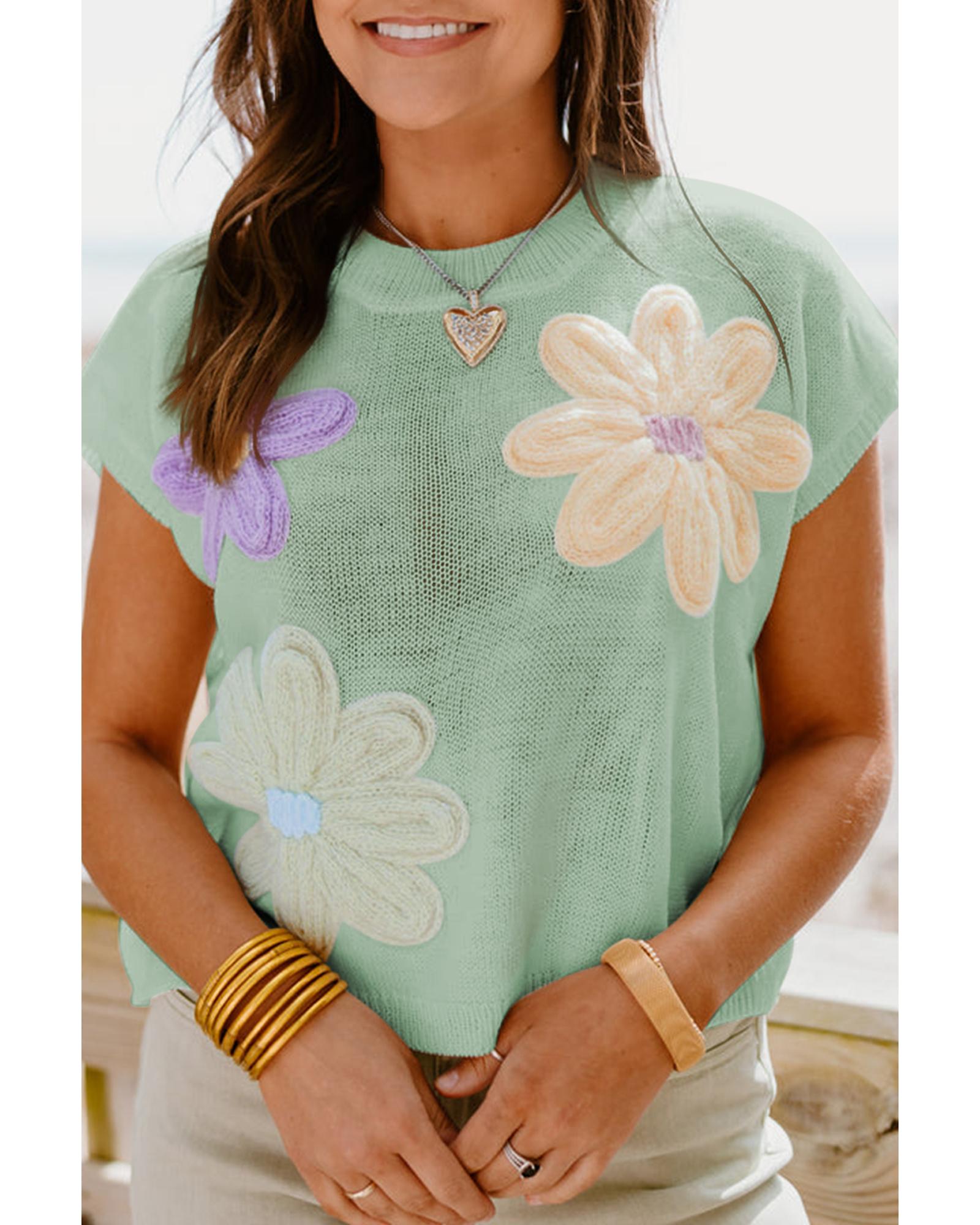 Moonlight Jade Multi Crochet Flower Knit Short Sleeve Sweater Top - XL