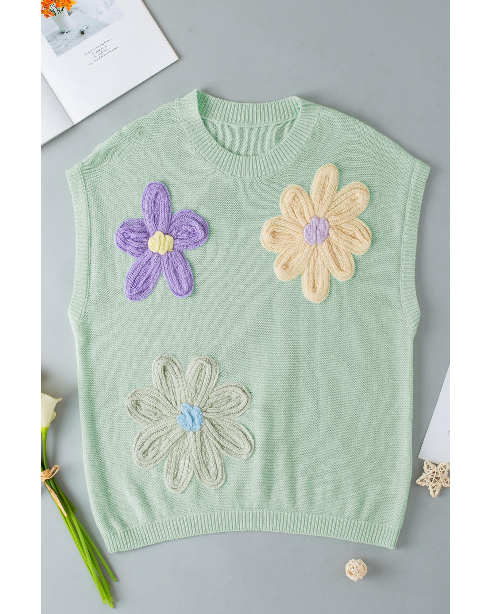 Moonlight Jade Multi Crochet Flower Knit Short Sleeve Sweater Top - XL