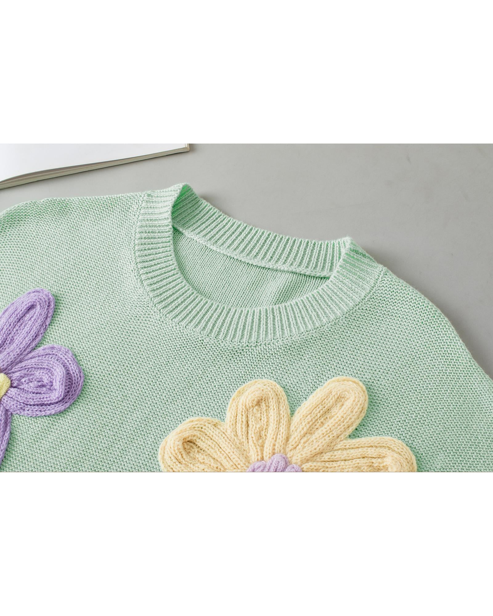Moonlight Jade Multi Crochet Flower Knit Short Sleeve Sweater Top - XL