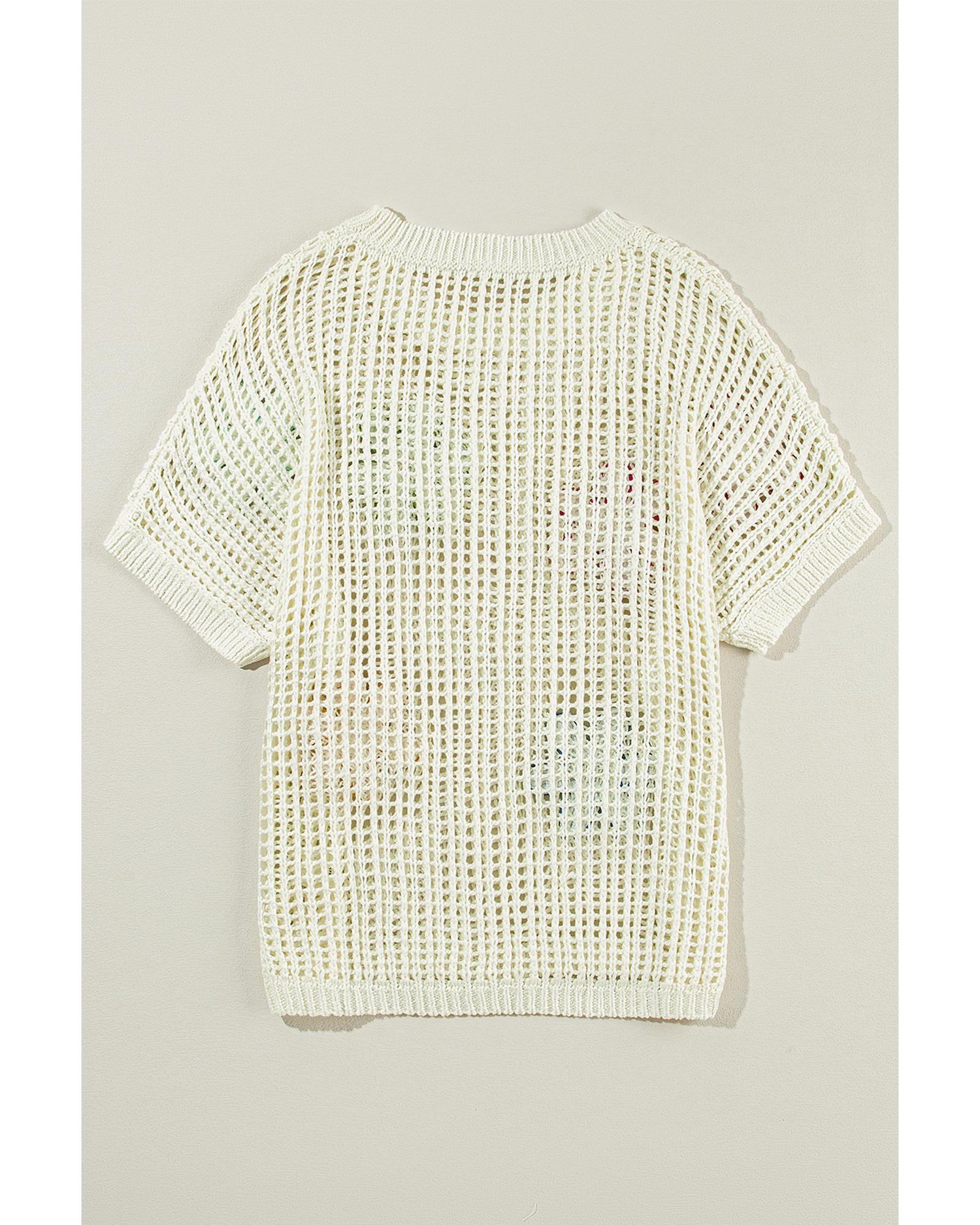 White Crochet Flower Hollow-out Sweater T Shirt - M