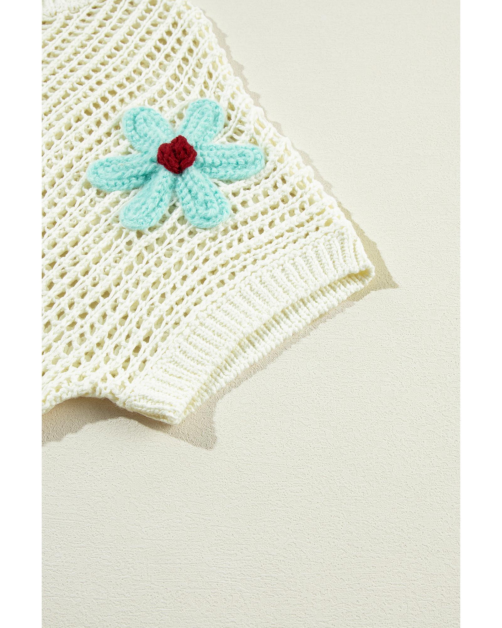 White Crochet Flower Hollow-out Sweater T Shirt - M