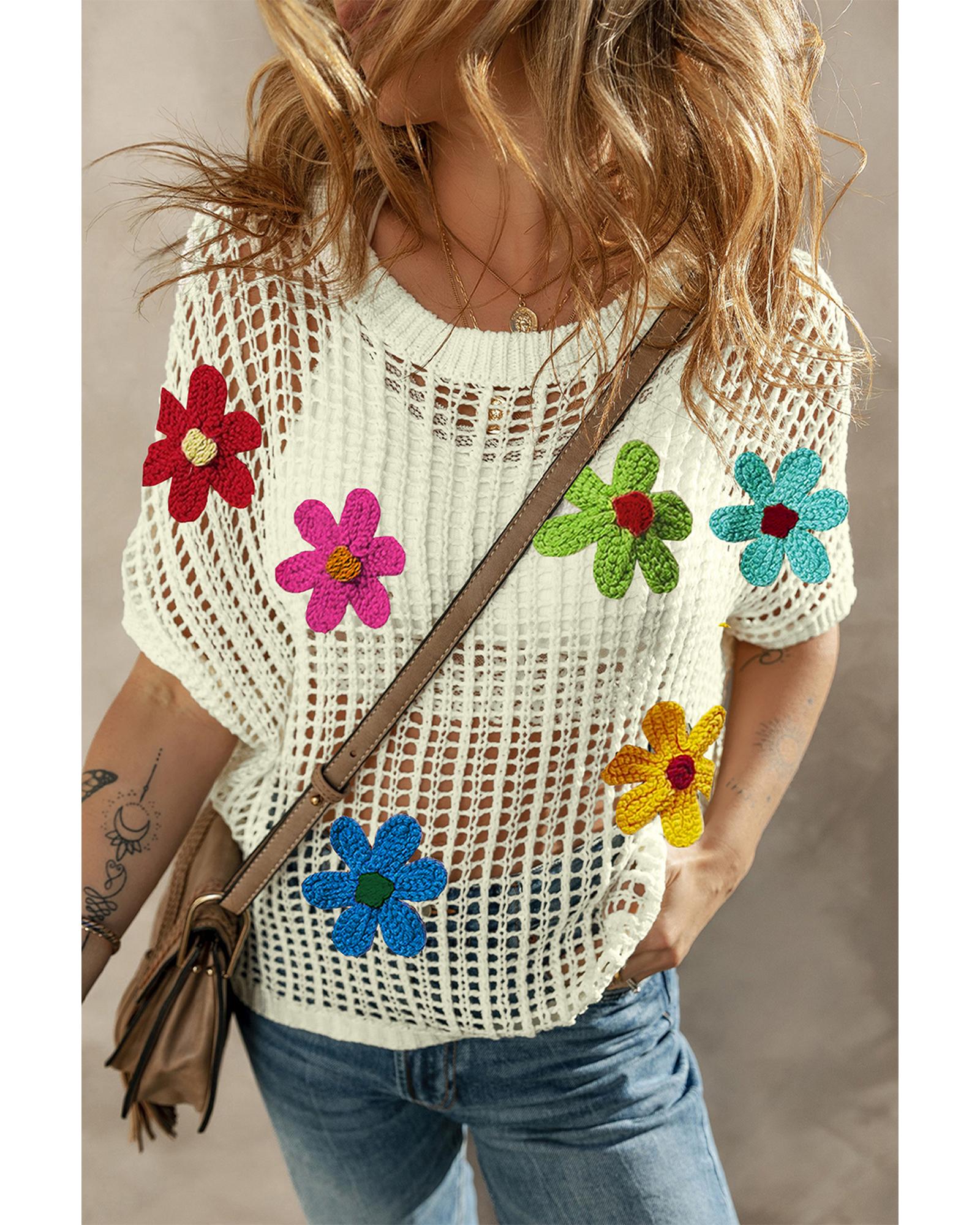 White Crochet Flower Hollow-out Sweater T Shirt - M