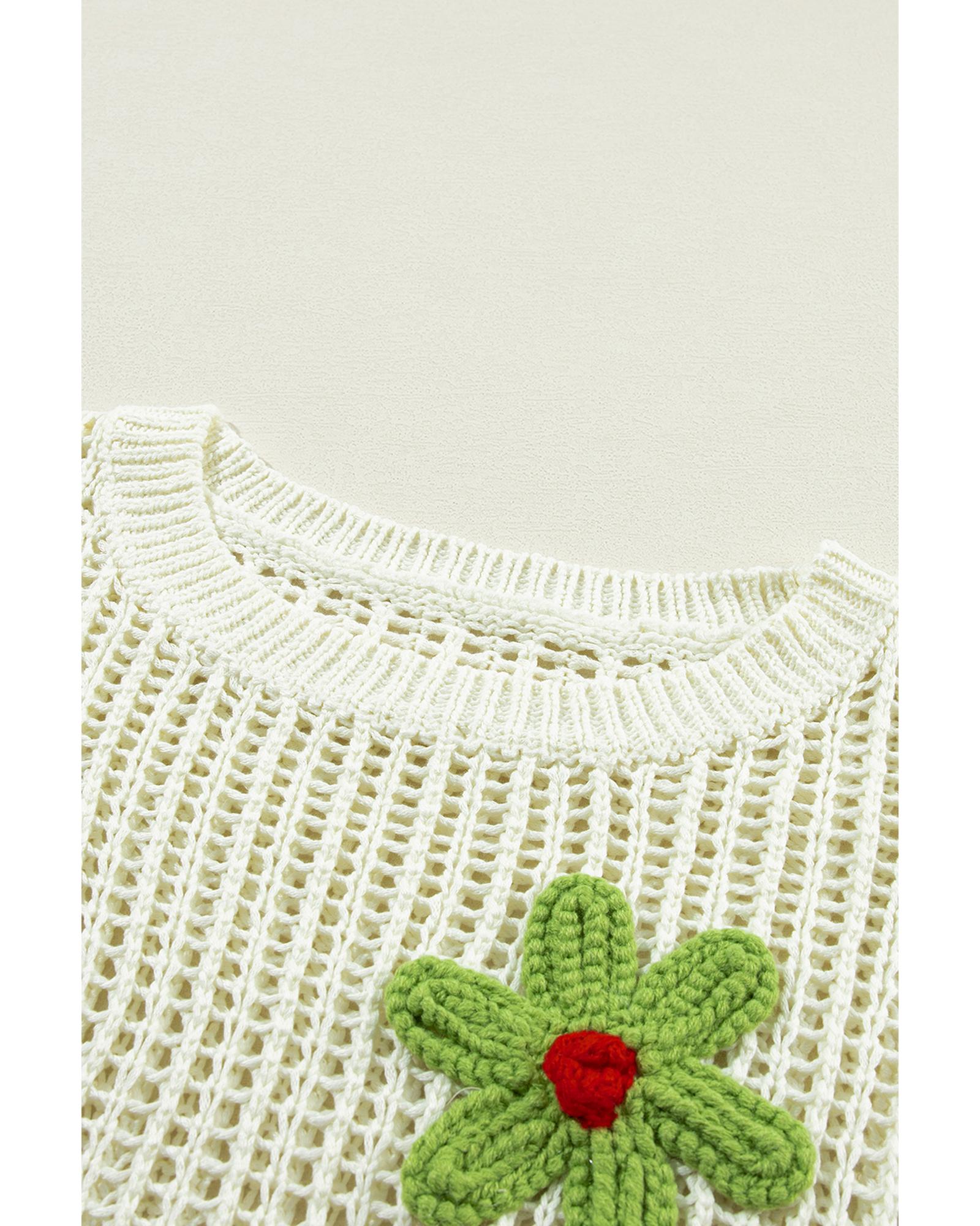 White Crochet Flower Hollow-out Sweater T Shirt - M