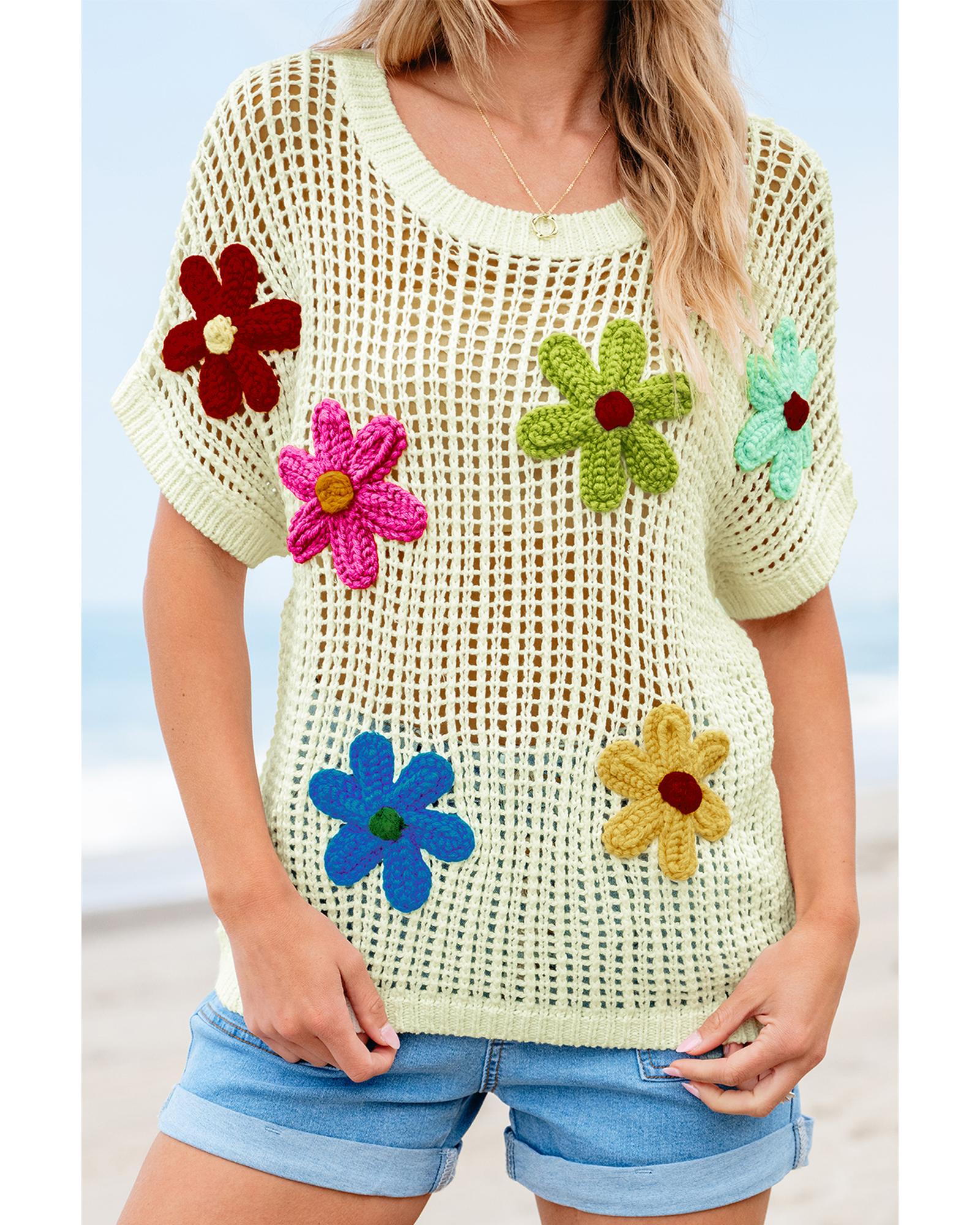 White Crochet Flower Hollow-out Sweater T Shirt - M