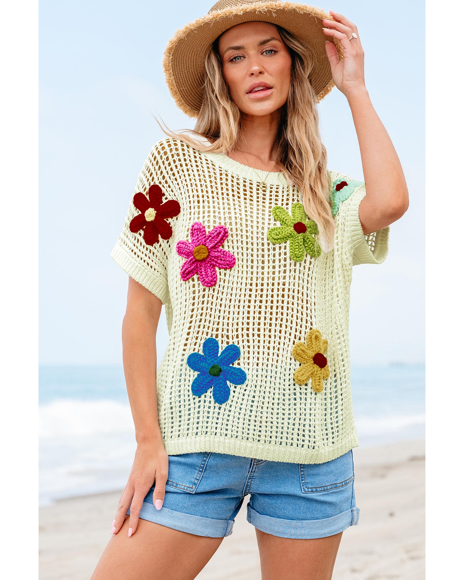 White Crochet Flower Hollow-out Sweater T Shirt - M