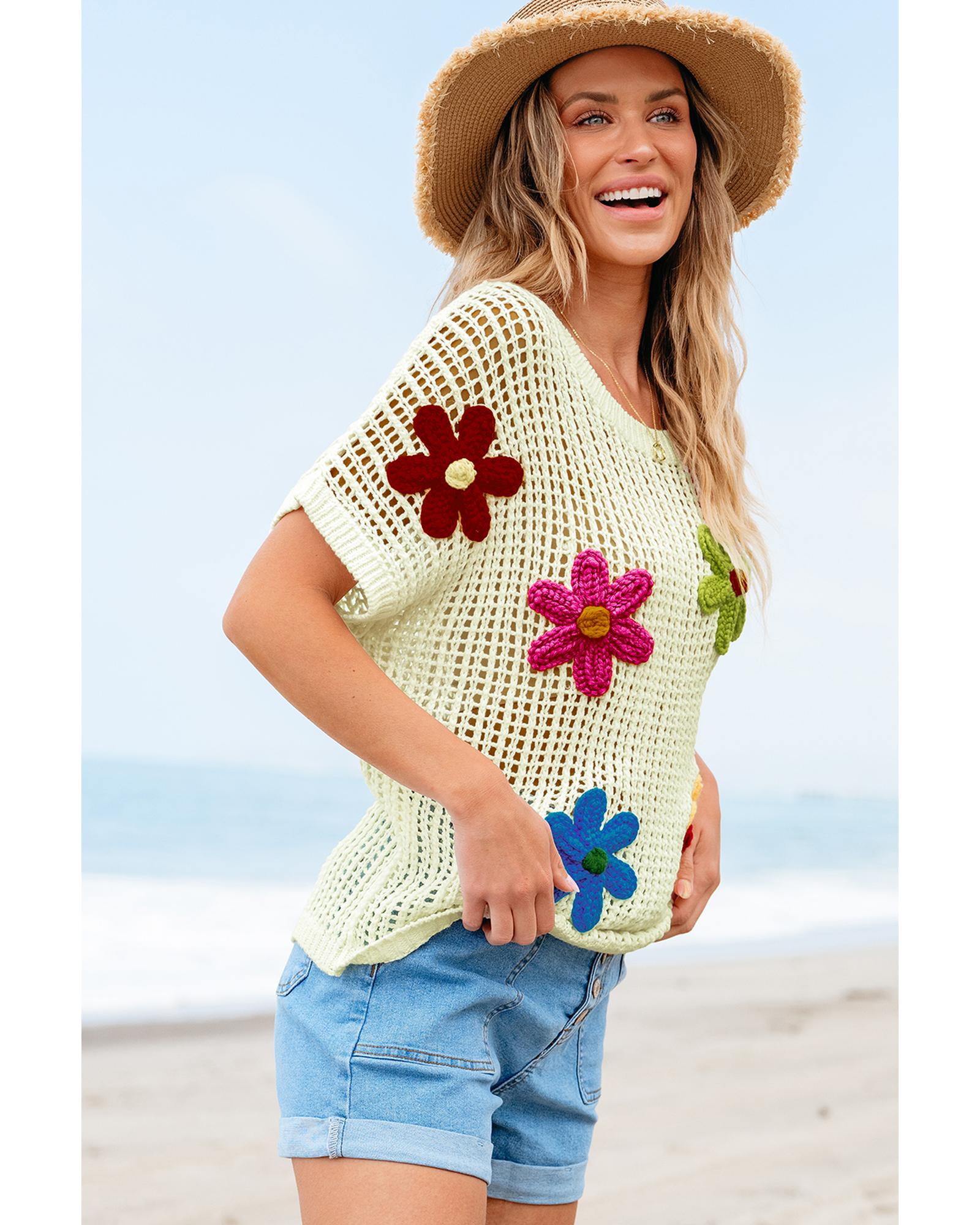 White Crochet Flower Hollow-out Sweater T Shirt - M