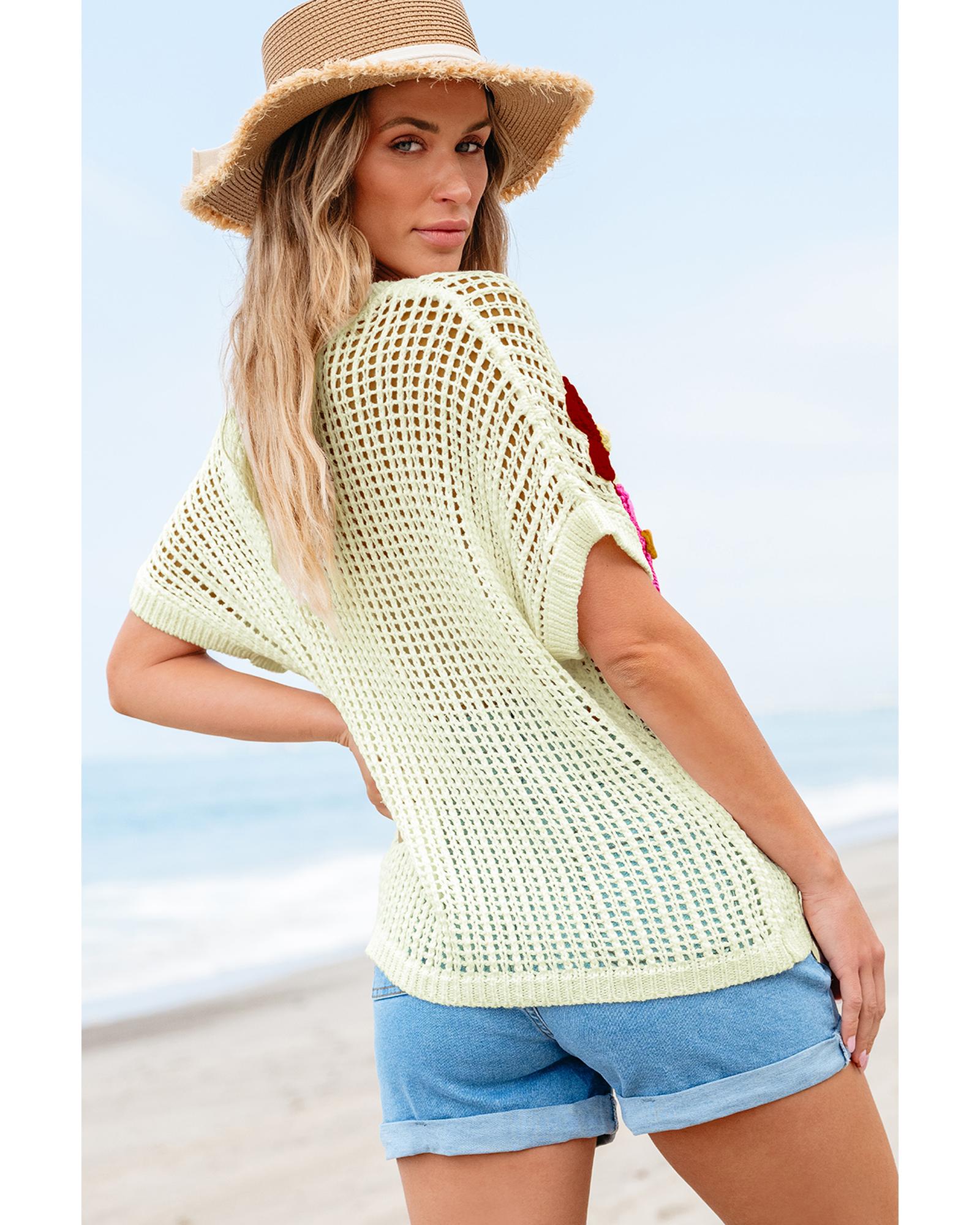 White Crochet Flower Hollow-out Sweater T Shirt - XL