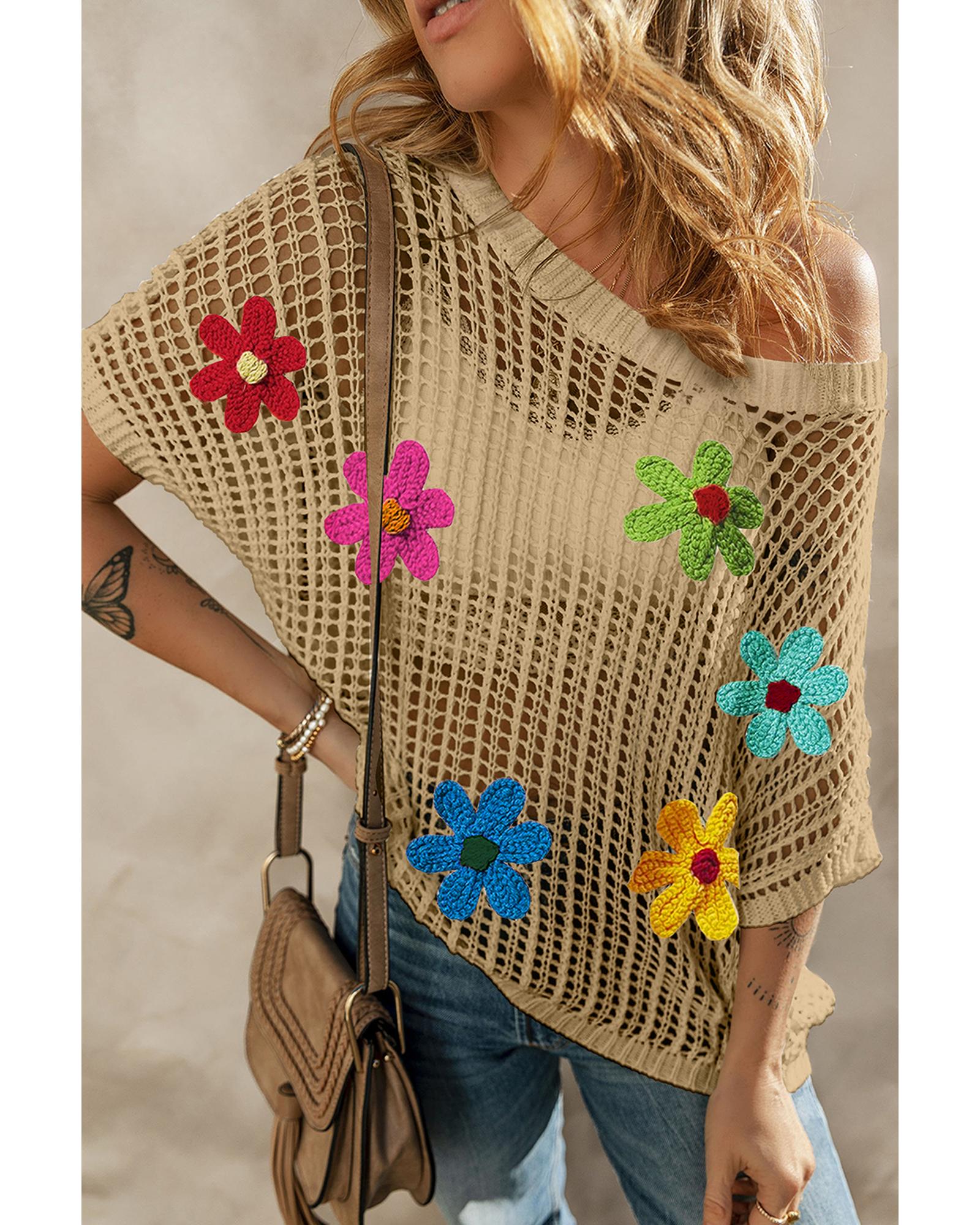 Light French Beige Crochet Flower Hollow-out Sweater T Shirt - M