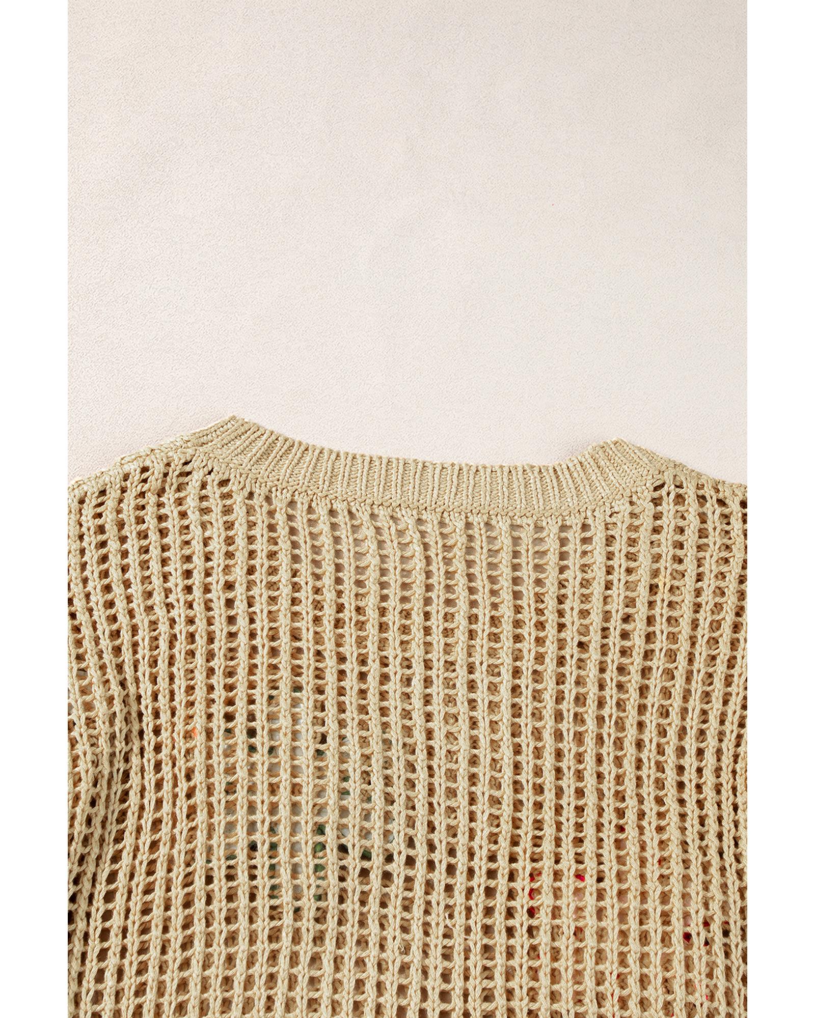 Light French Beige Crochet Flower Hollow-out Sweater T Shirt - M