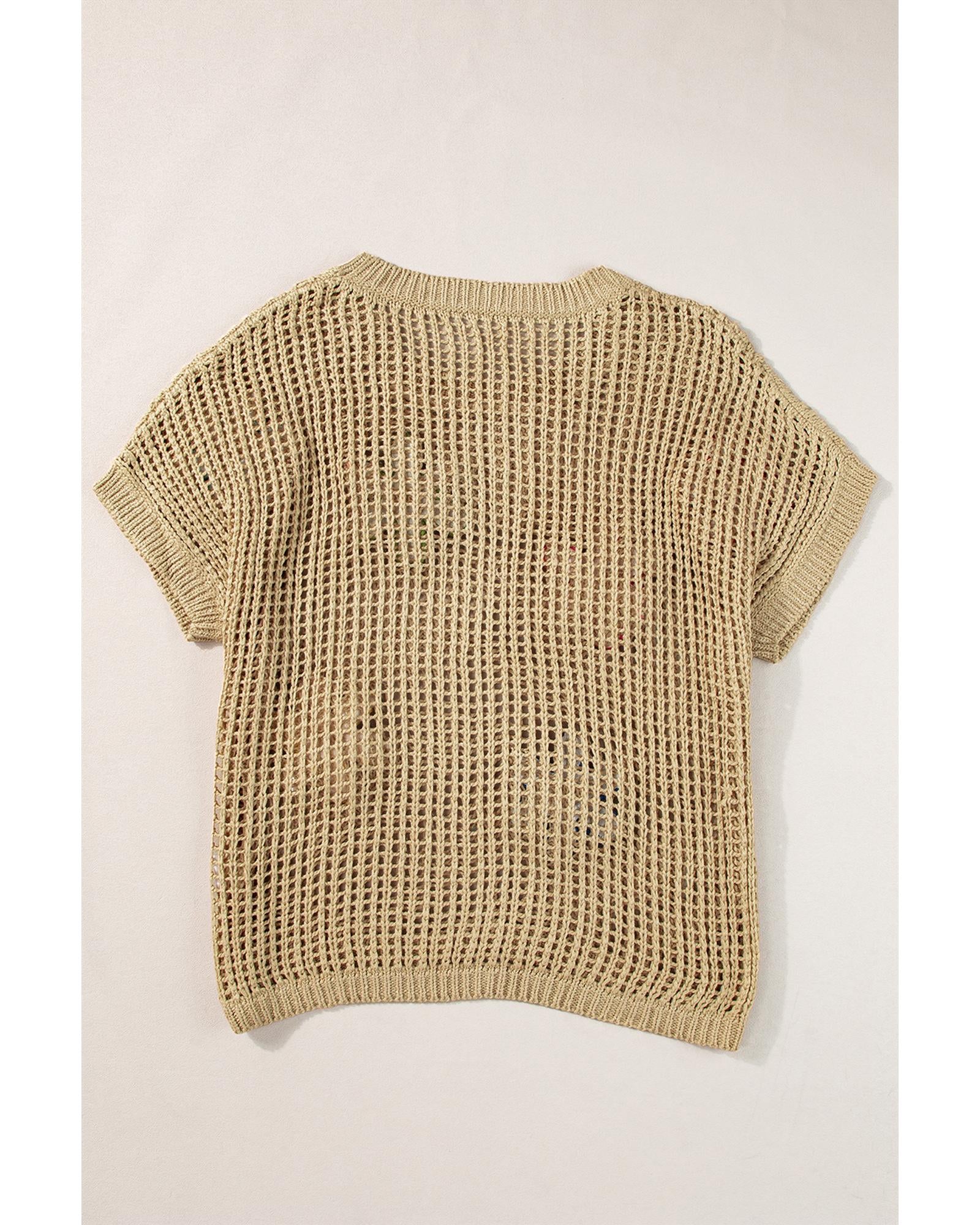 Light French Beige Crochet Flower Hollow-out Sweater T Shirt - M