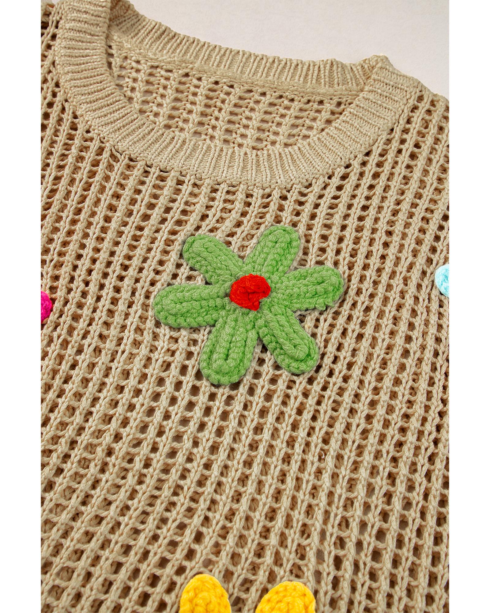 Light French Beige Crochet Flower Hollow-out Sweater T Shirt - M