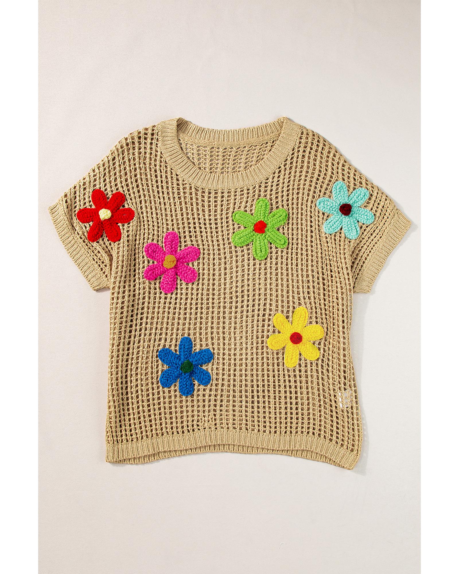 Light French Beige Crochet Flower Hollow-out Sweater T Shirt - M