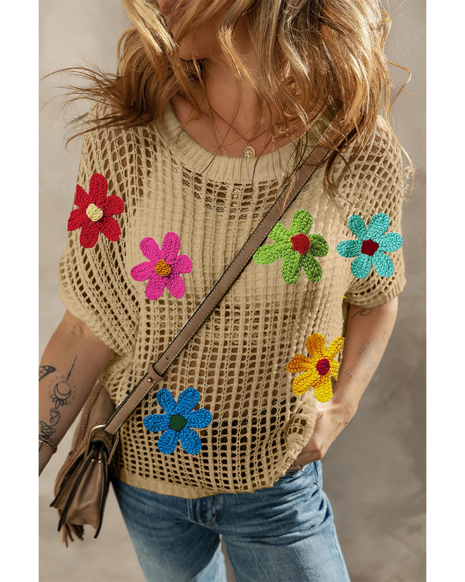 Light French Beige Crochet Flower Hollow-out Sweater T Shirt - S