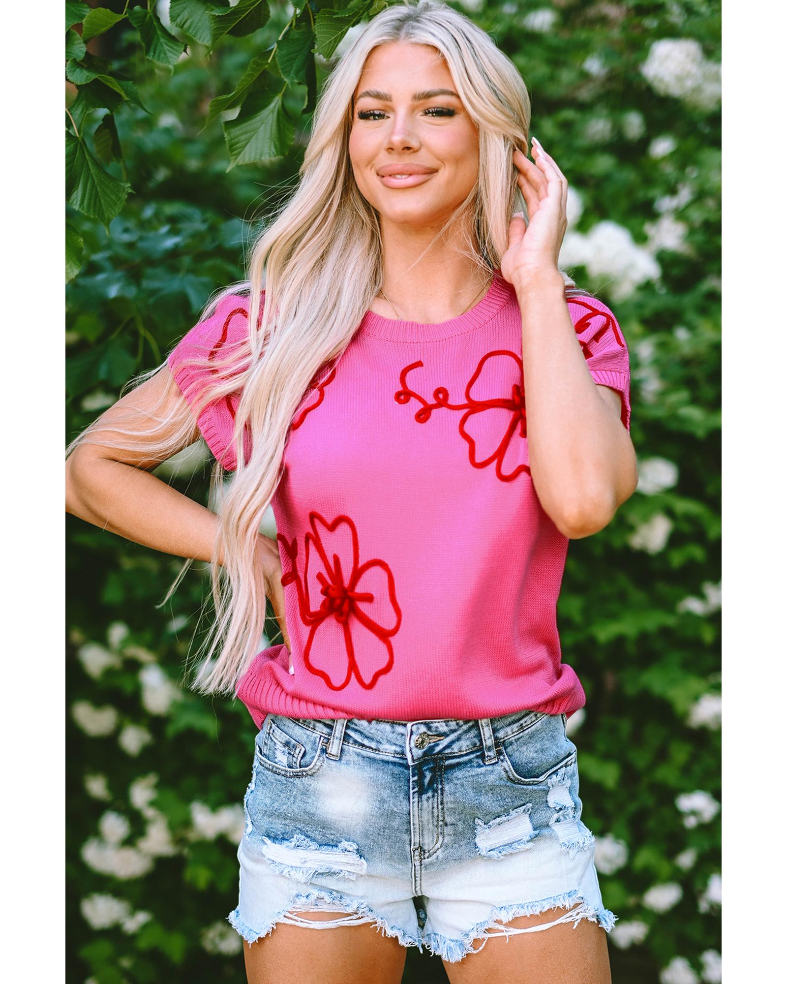 Bright Pink Flower Embroidery Short Sleeve Knitwear Top - L
