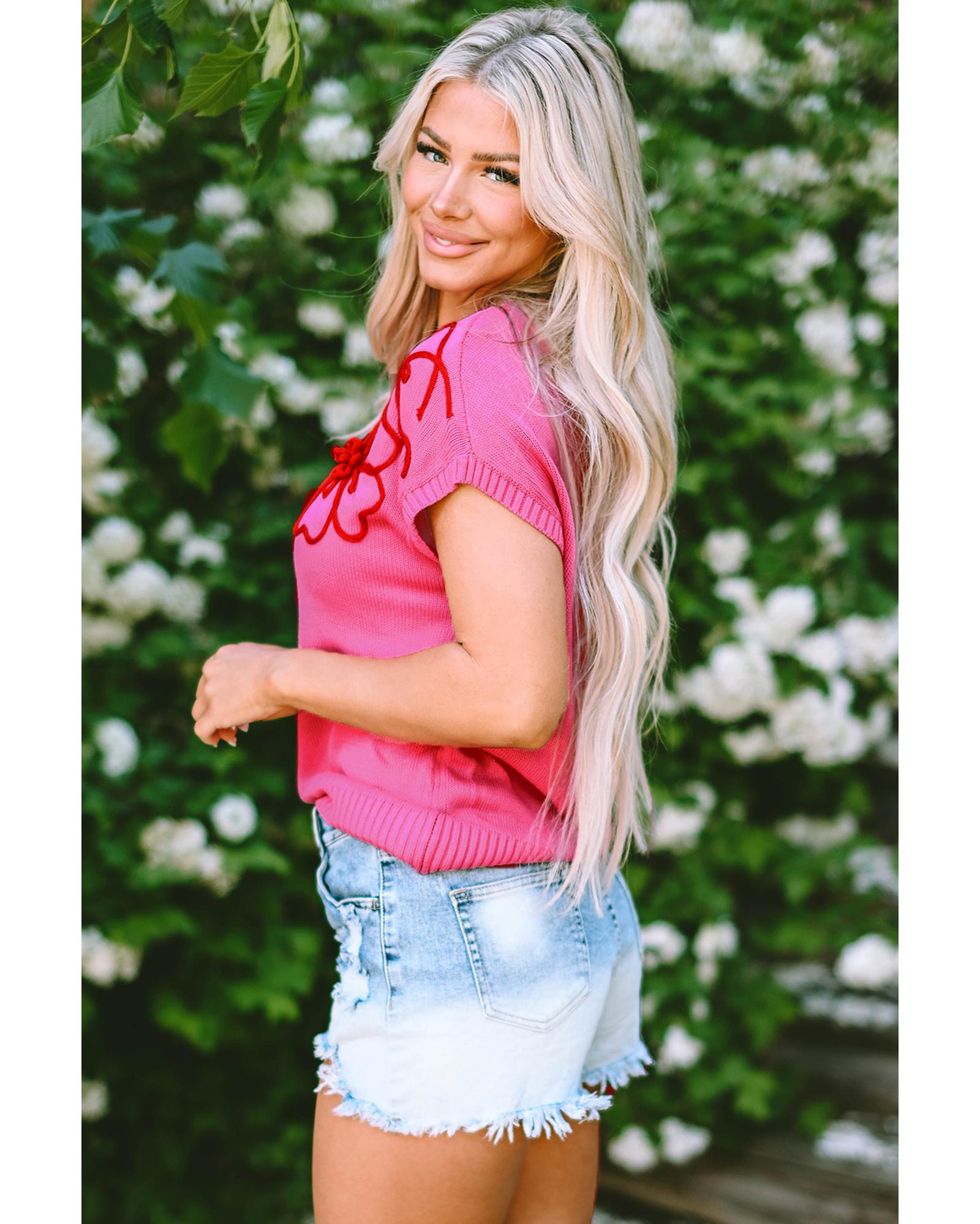 Bright Pink Flower Embroidery Short Sleeve Knitwear Top - L