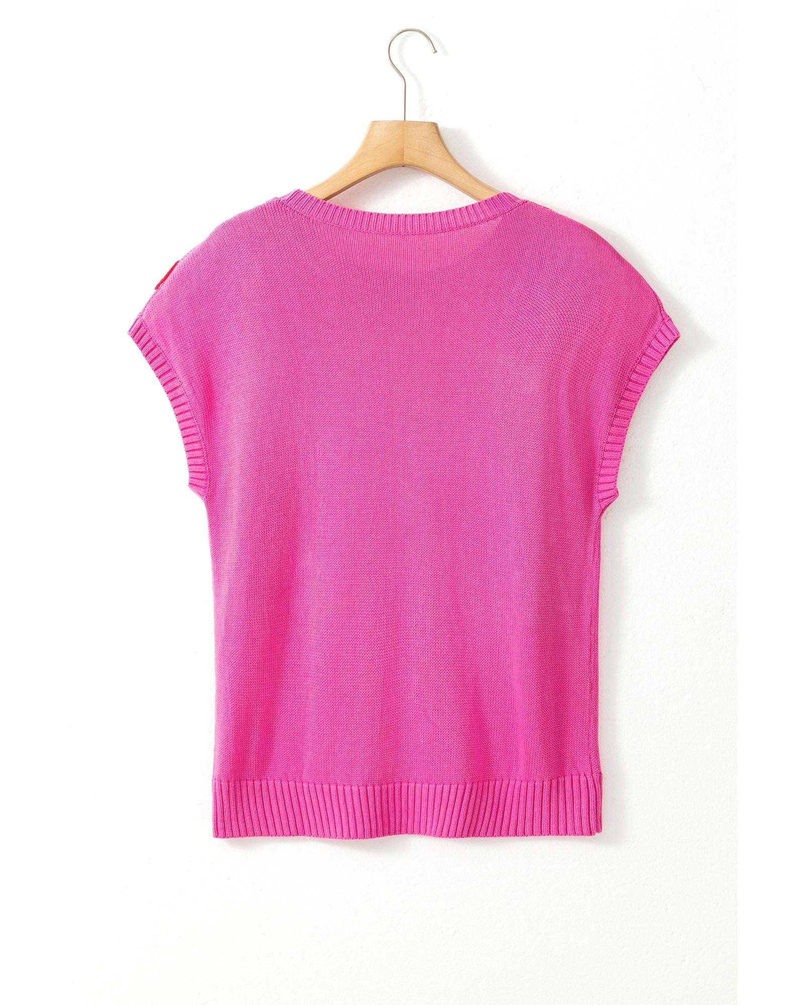 Bright Pink Flower Embroidery Short Sleeve Knitwear Top - L