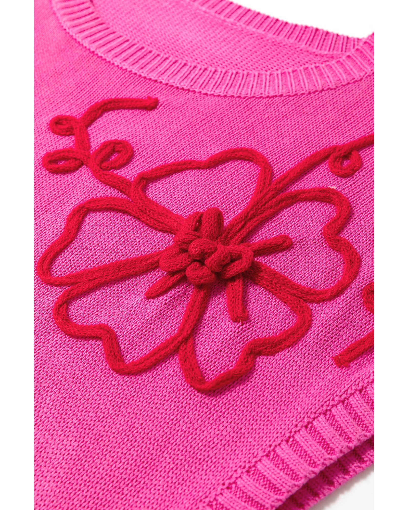 Bright Pink Flower Embroidery Short Sleeve Knitwear Top - XL