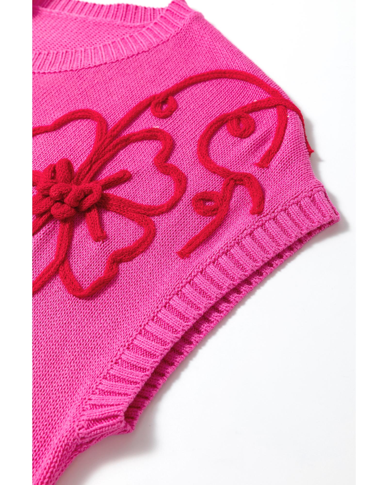 Bright Pink Flower Embroidery Short Sleeve Knitwear Top - XL