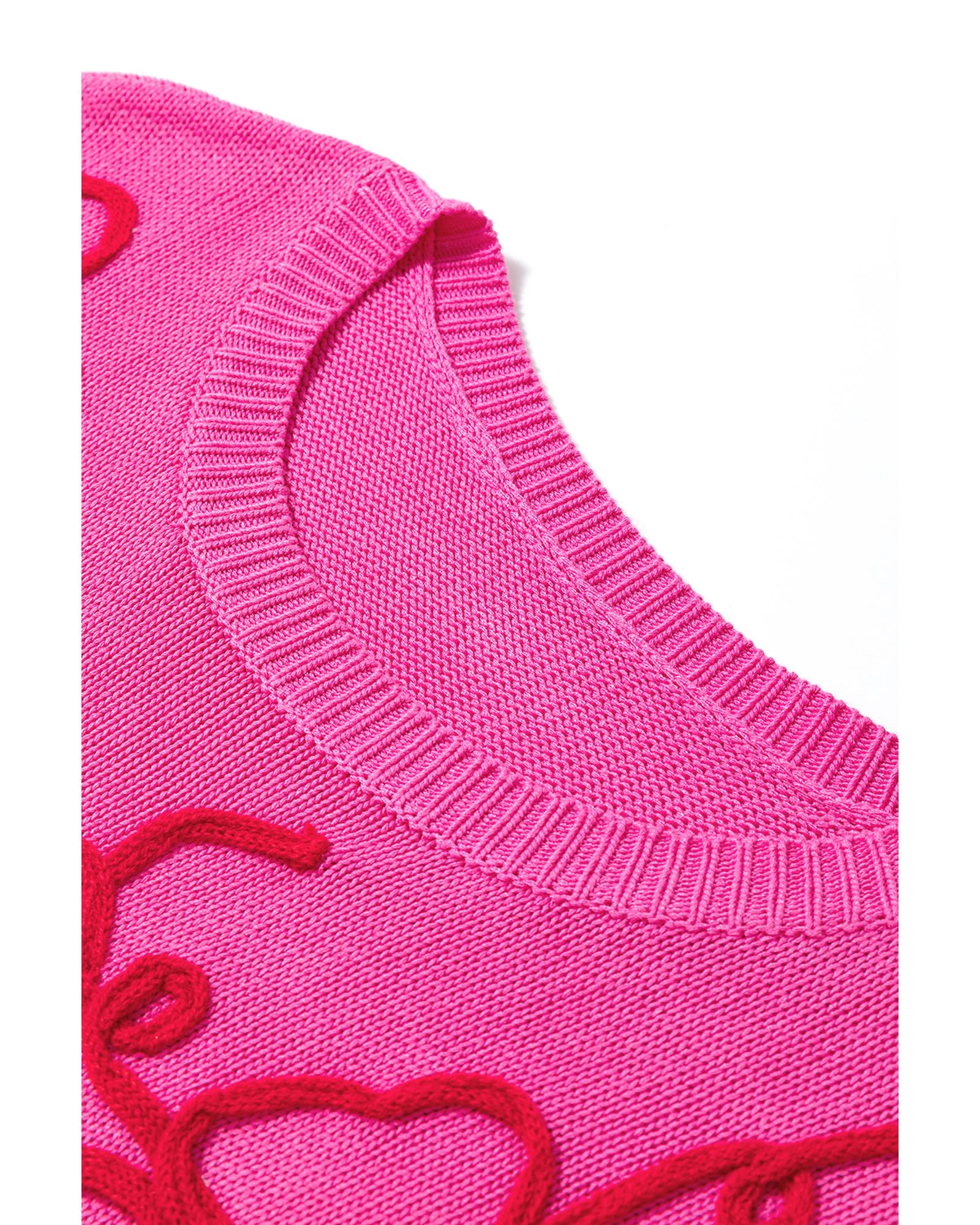 Bright Pink Flower Embroidery Short Sleeve Knitwear Top - XL