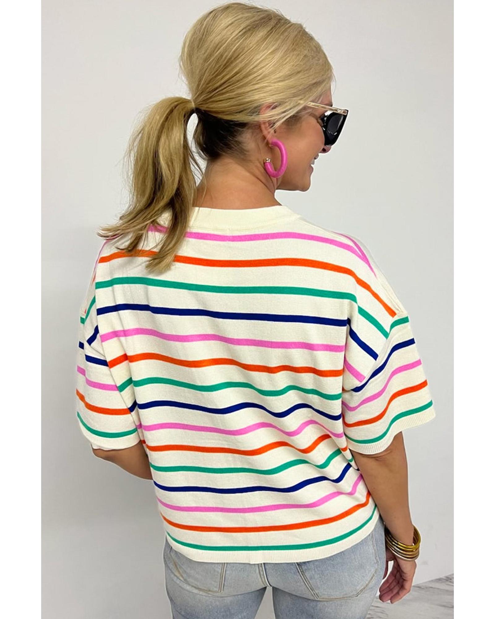 Beige Stripe Dropped Short Sleeve Boxy Fit Knitted Top - L