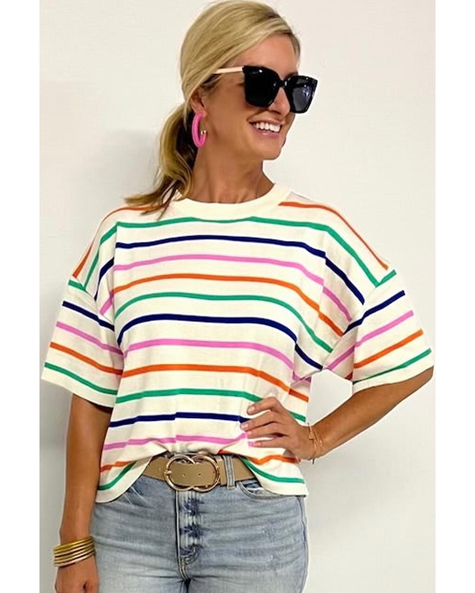 Beige Stripe Dropped Short Sleeve Boxy Fit Knitted Top - L