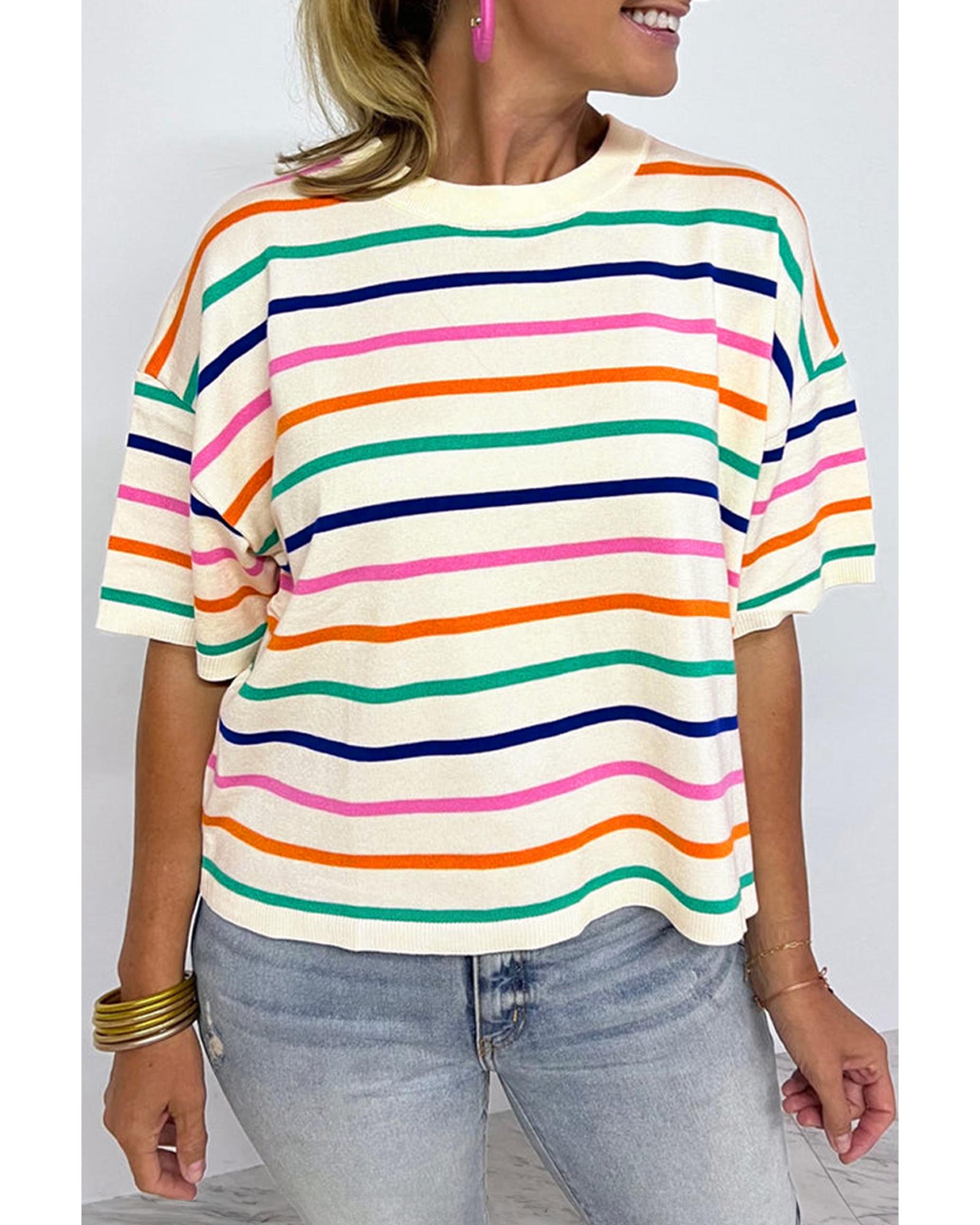 Beige Stripe Dropped Short Sleeve Boxy Fit Knitted Top - L