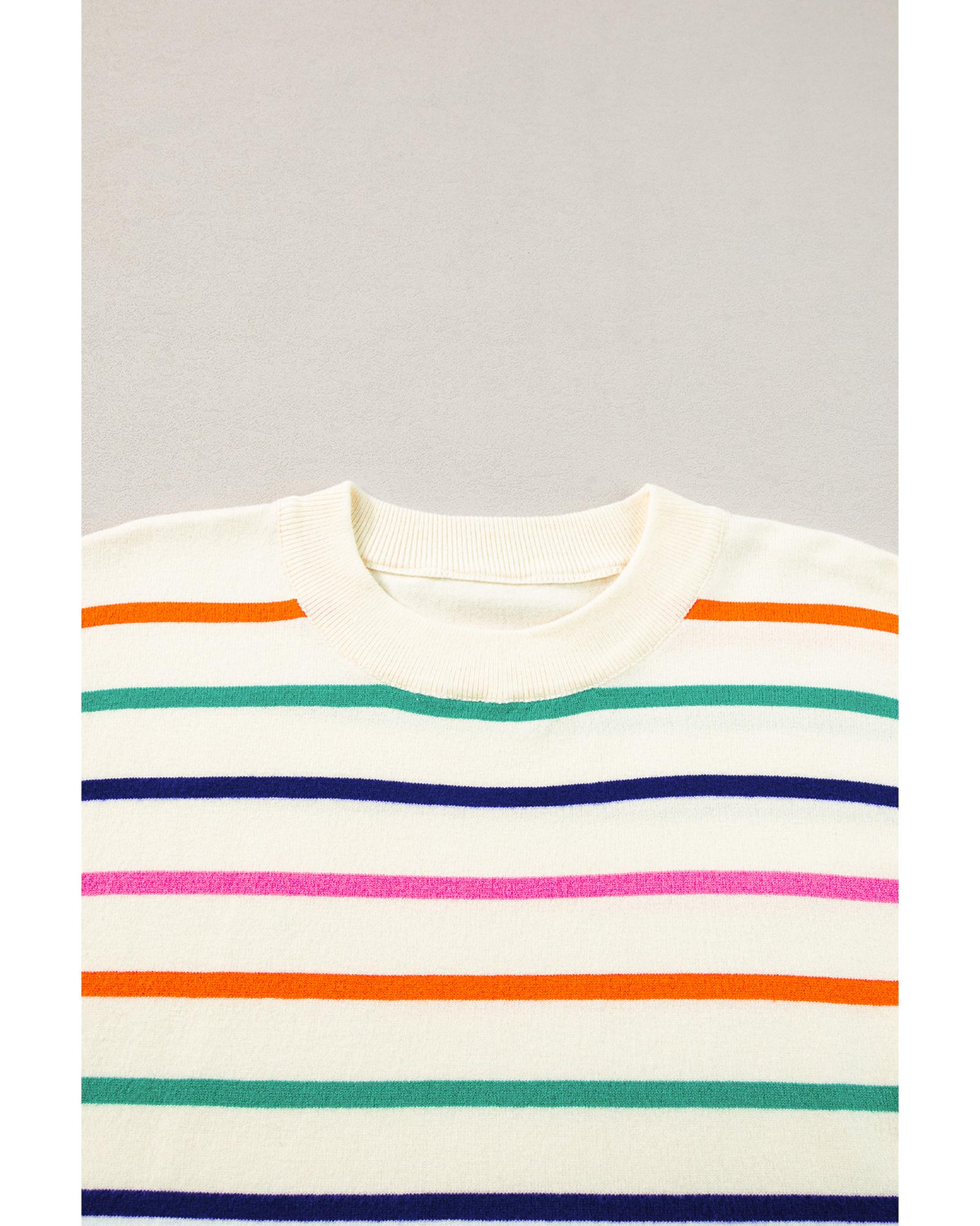 Beige Stripe Dropped Short Sleeve Boxy Fit Knitted Top - L