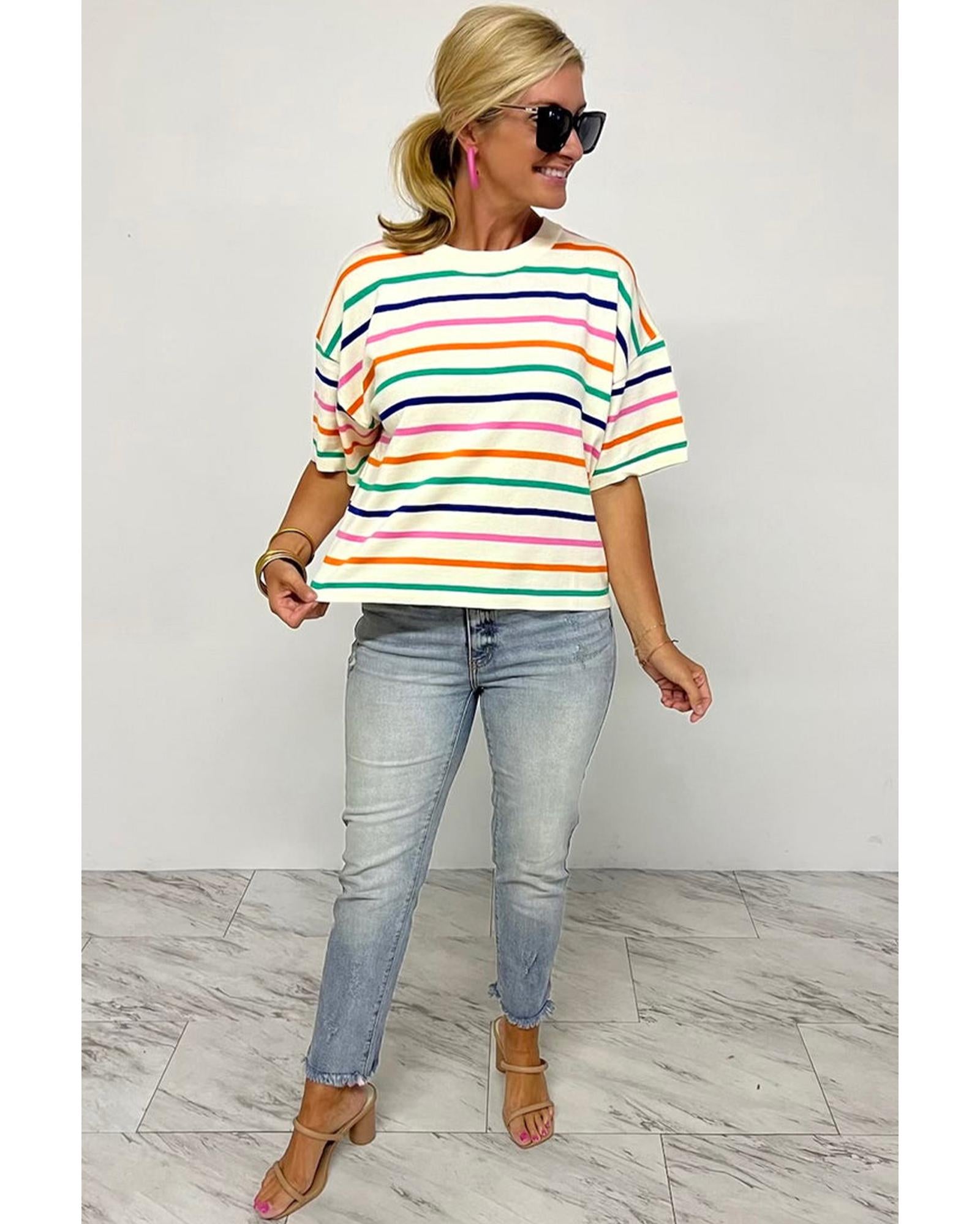 Beige Stripe Dropped Short Sleeve Boxy Fit Knitted Top - S