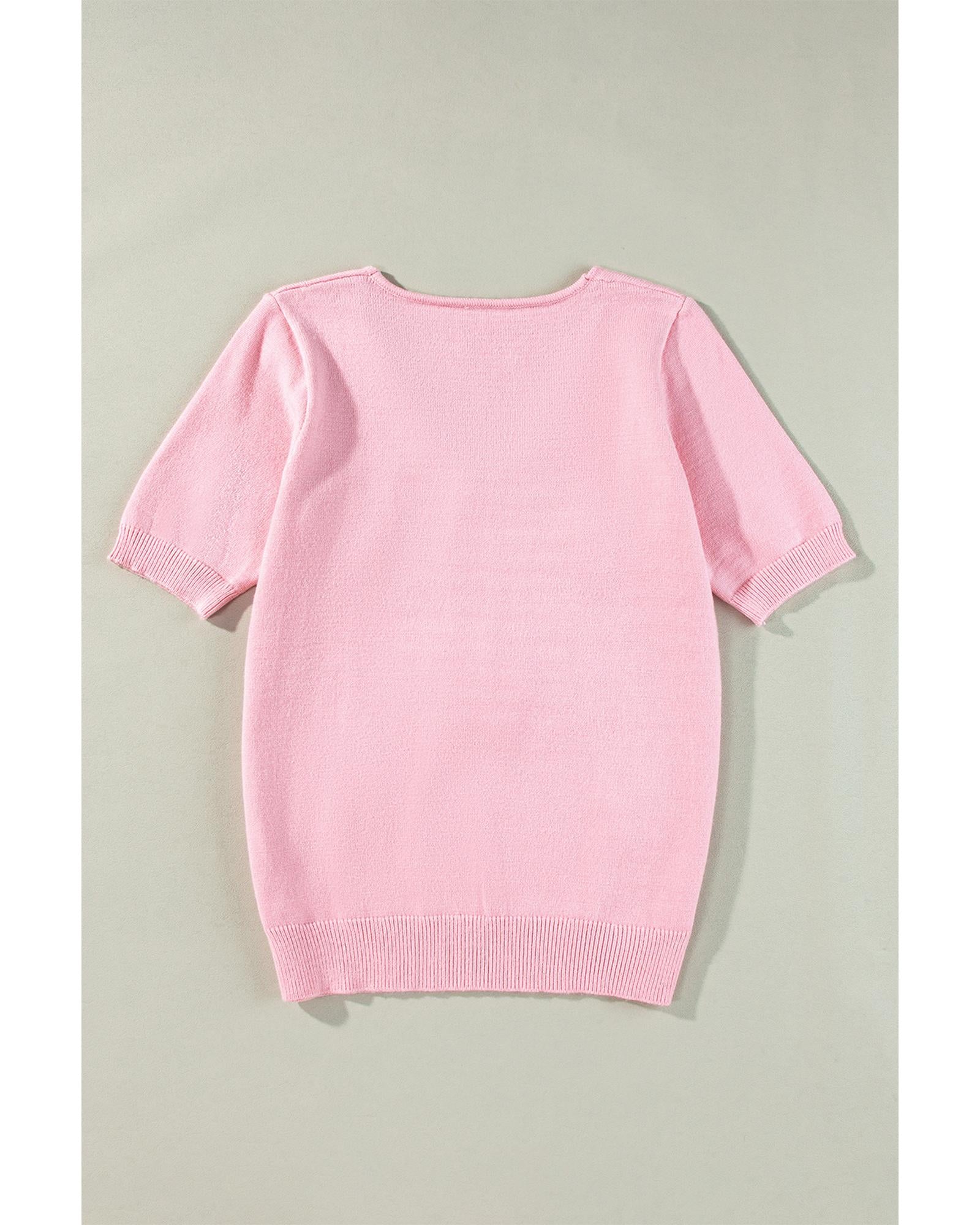 Pink Flower Crochet V Neck Short Sleeve Sweater - L
