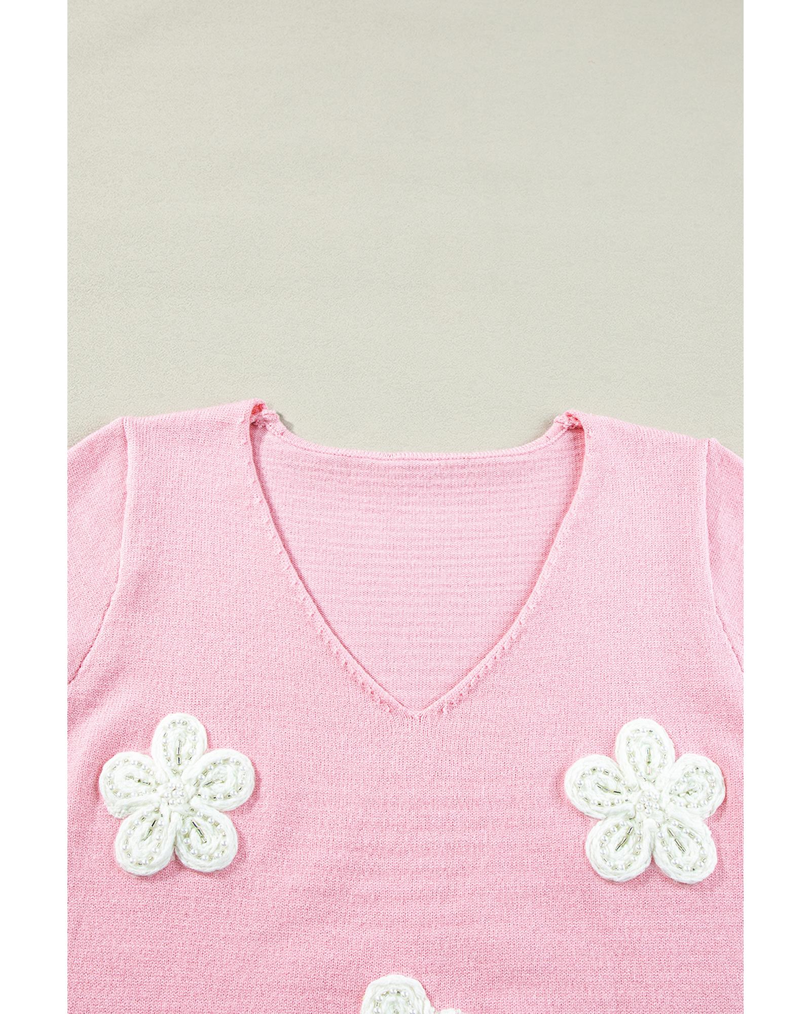 Pink Flower Crochet V Neck Short Sleeve Sweater - M