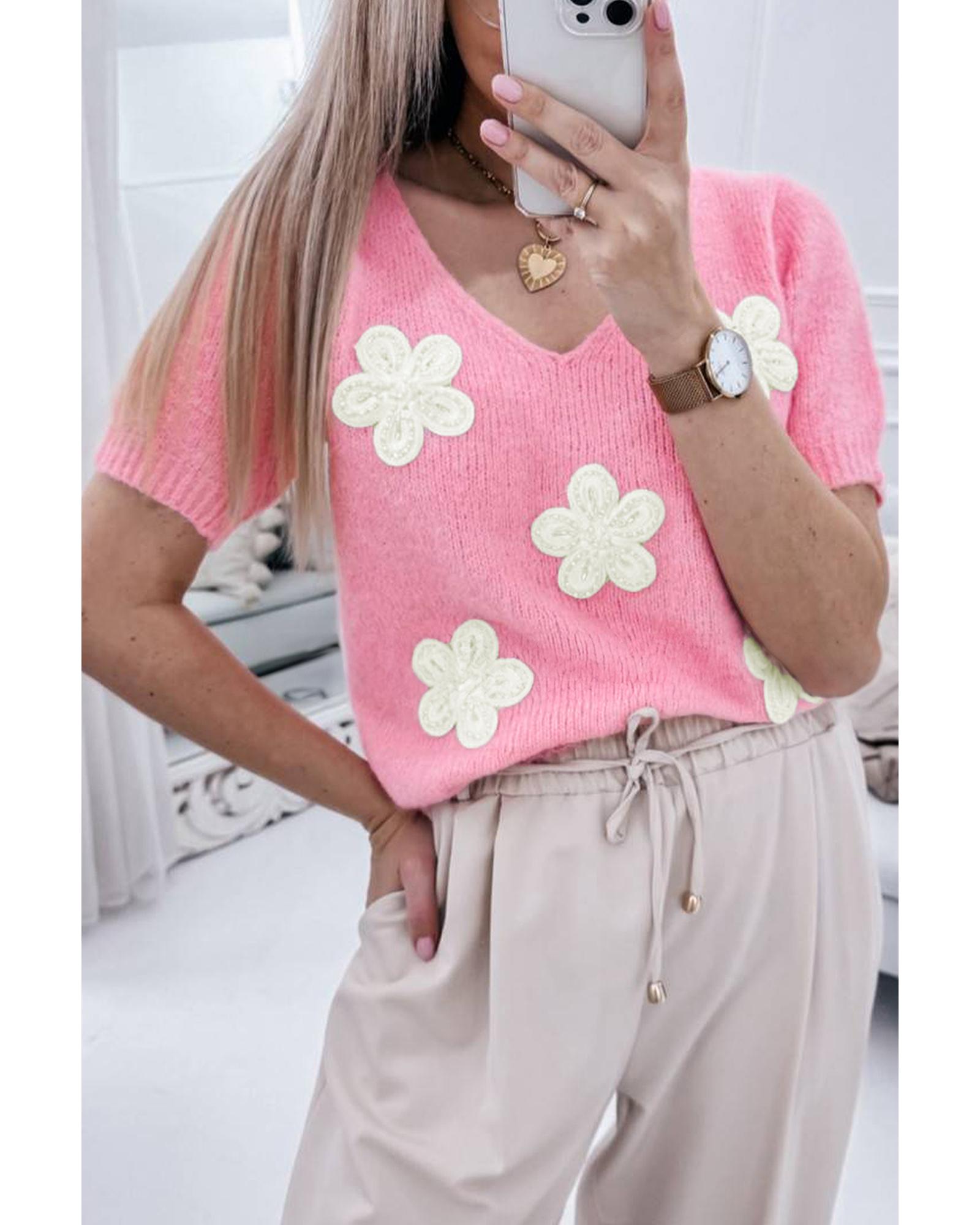 Pink Flower Crochet V Neck Short Sleeve Sweater - S