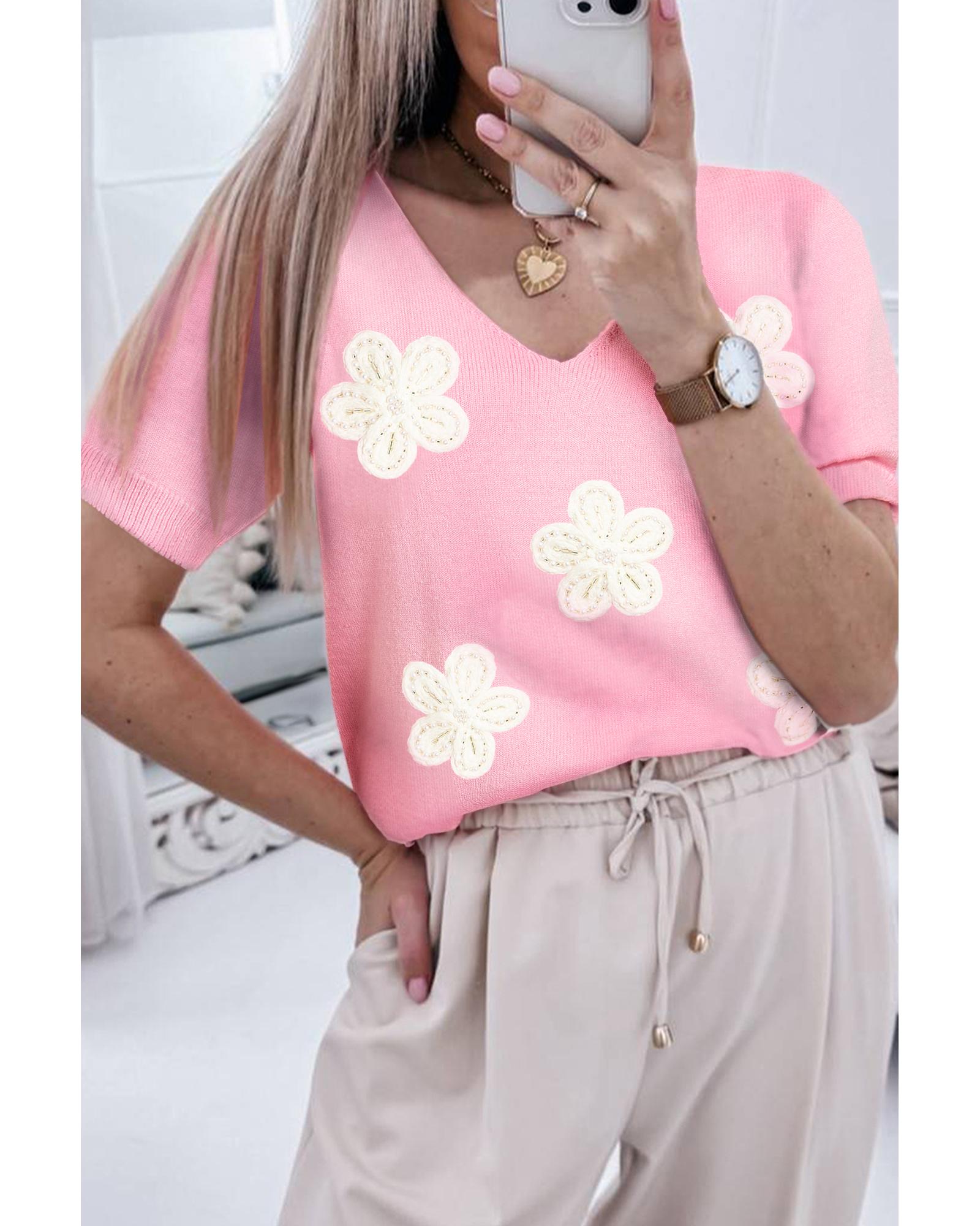 Pink Flower Crochet V Neck Short Sleeve Sweater - S