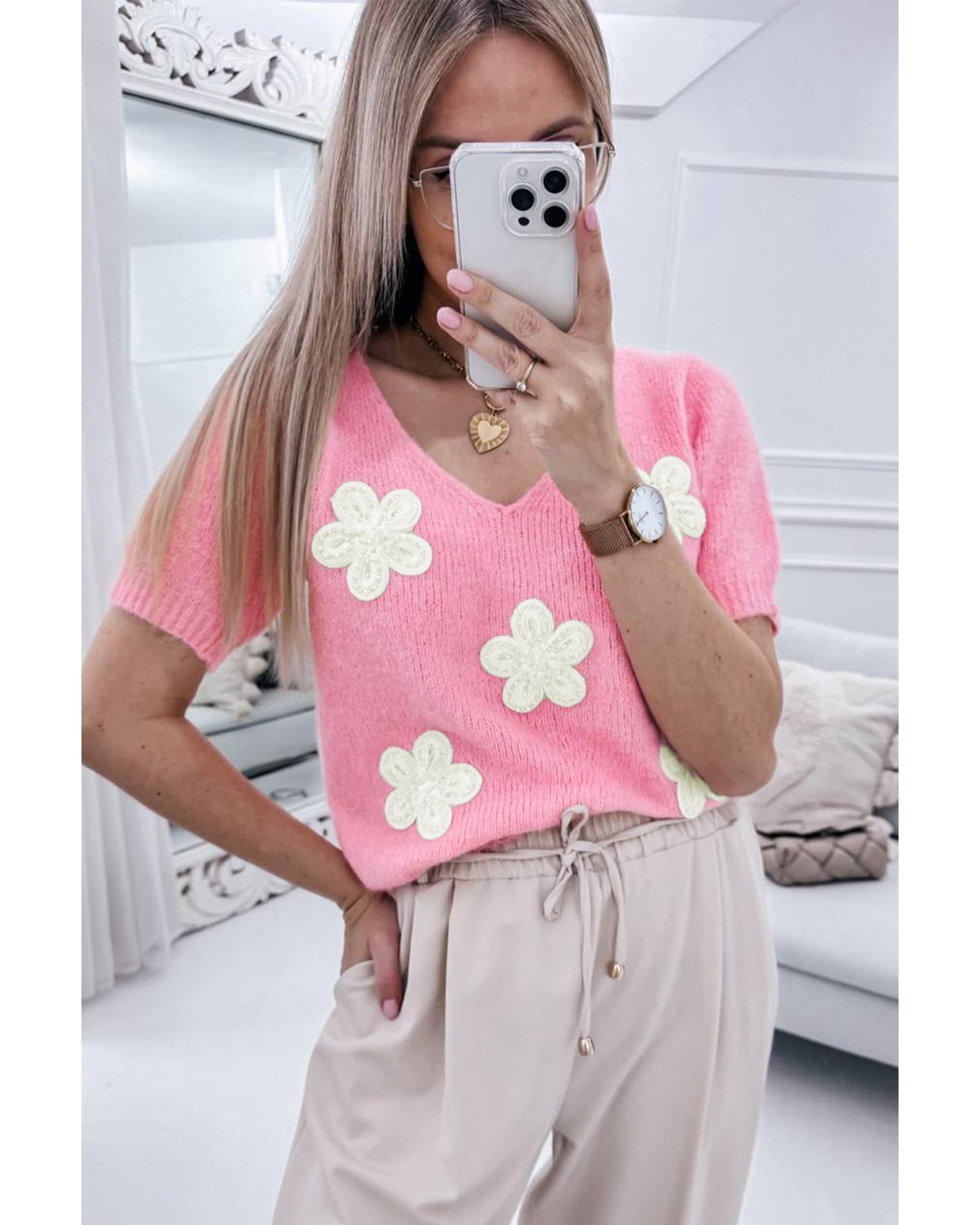 Pink Flower Crochet V Neck Short Sleeve Sweater - XL
