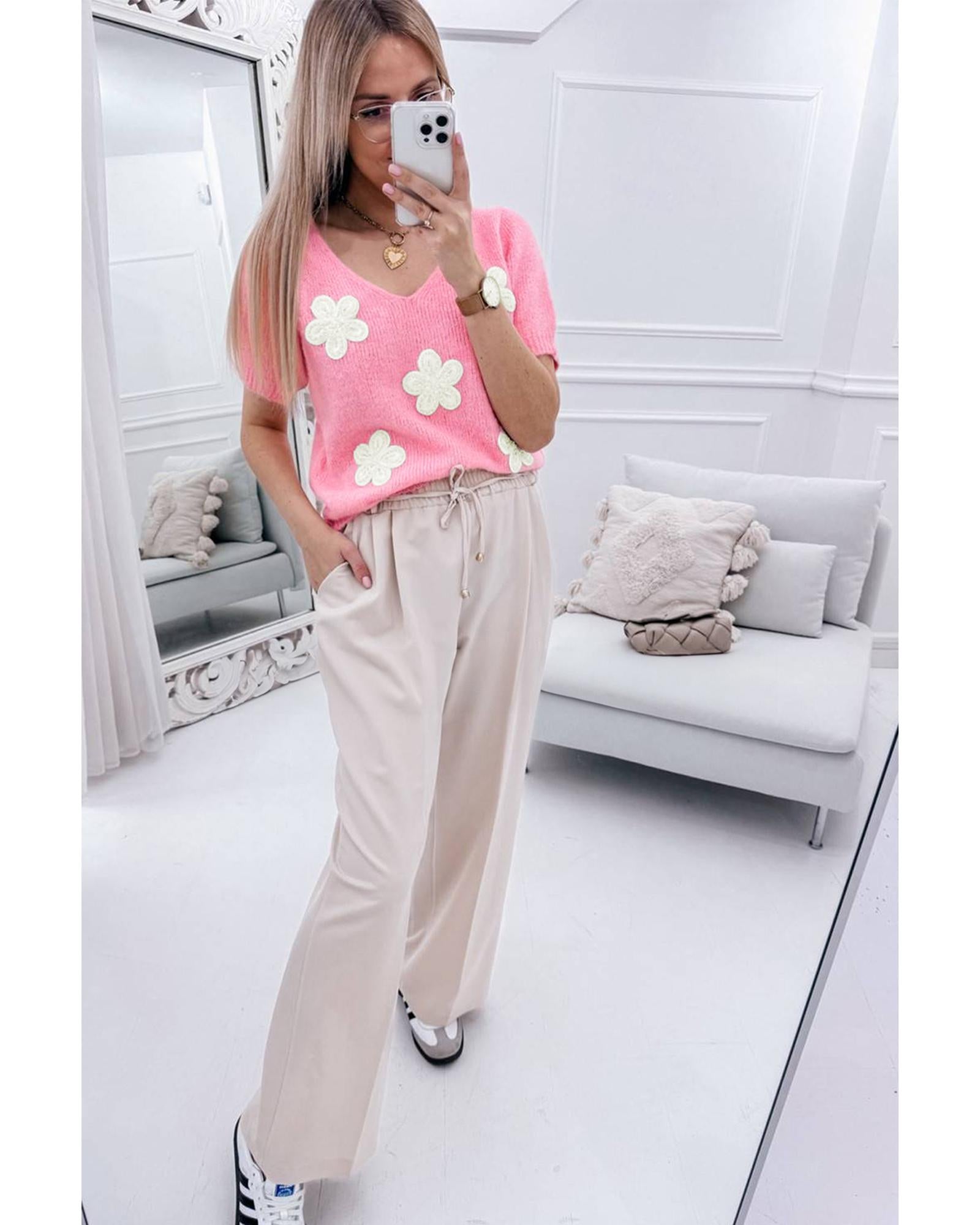 Pink Flower Crochet V Neck Short Sleeve Sweater - XL