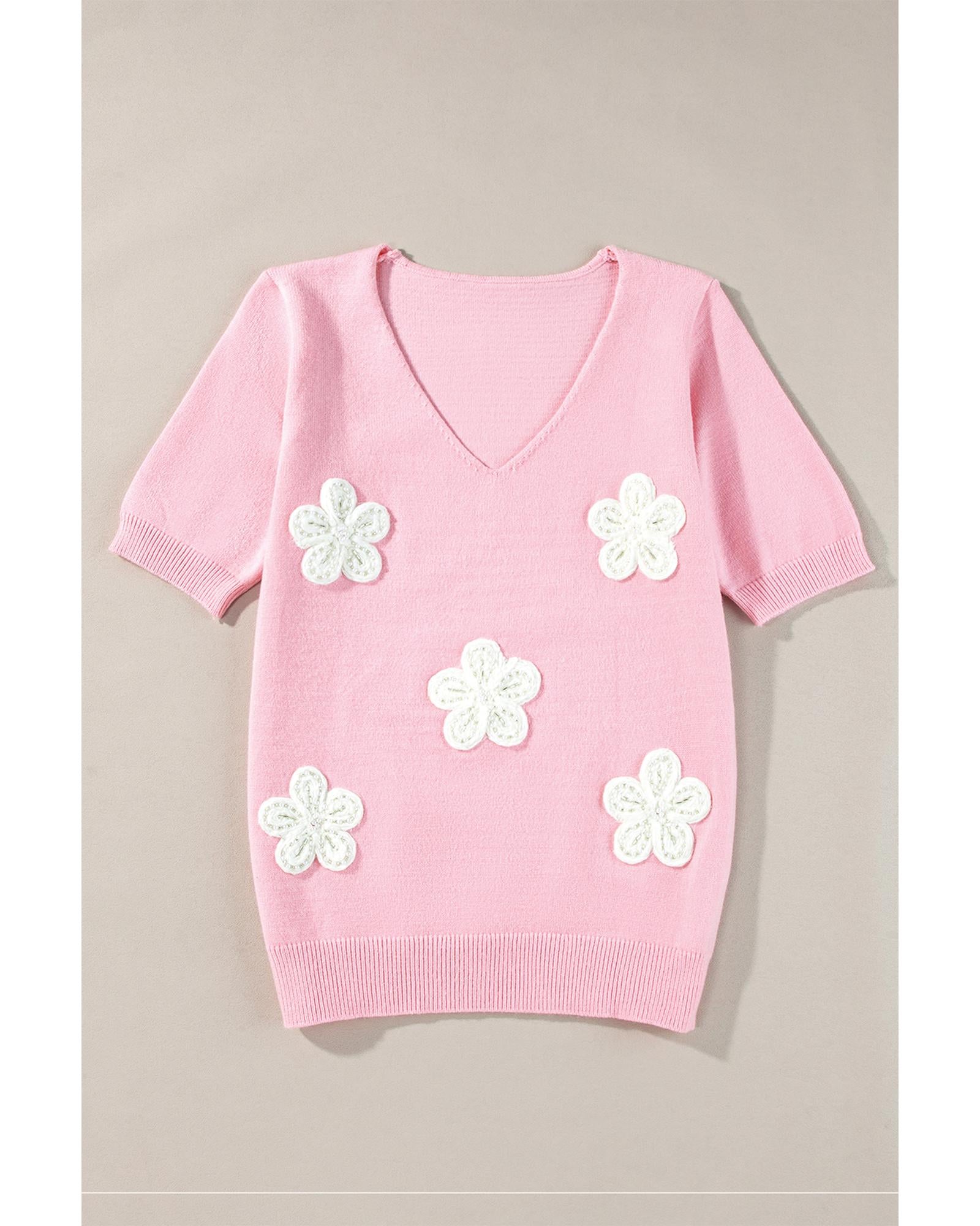 Pink Flower Crochet V Neck Short Sleeve Sweater - XL