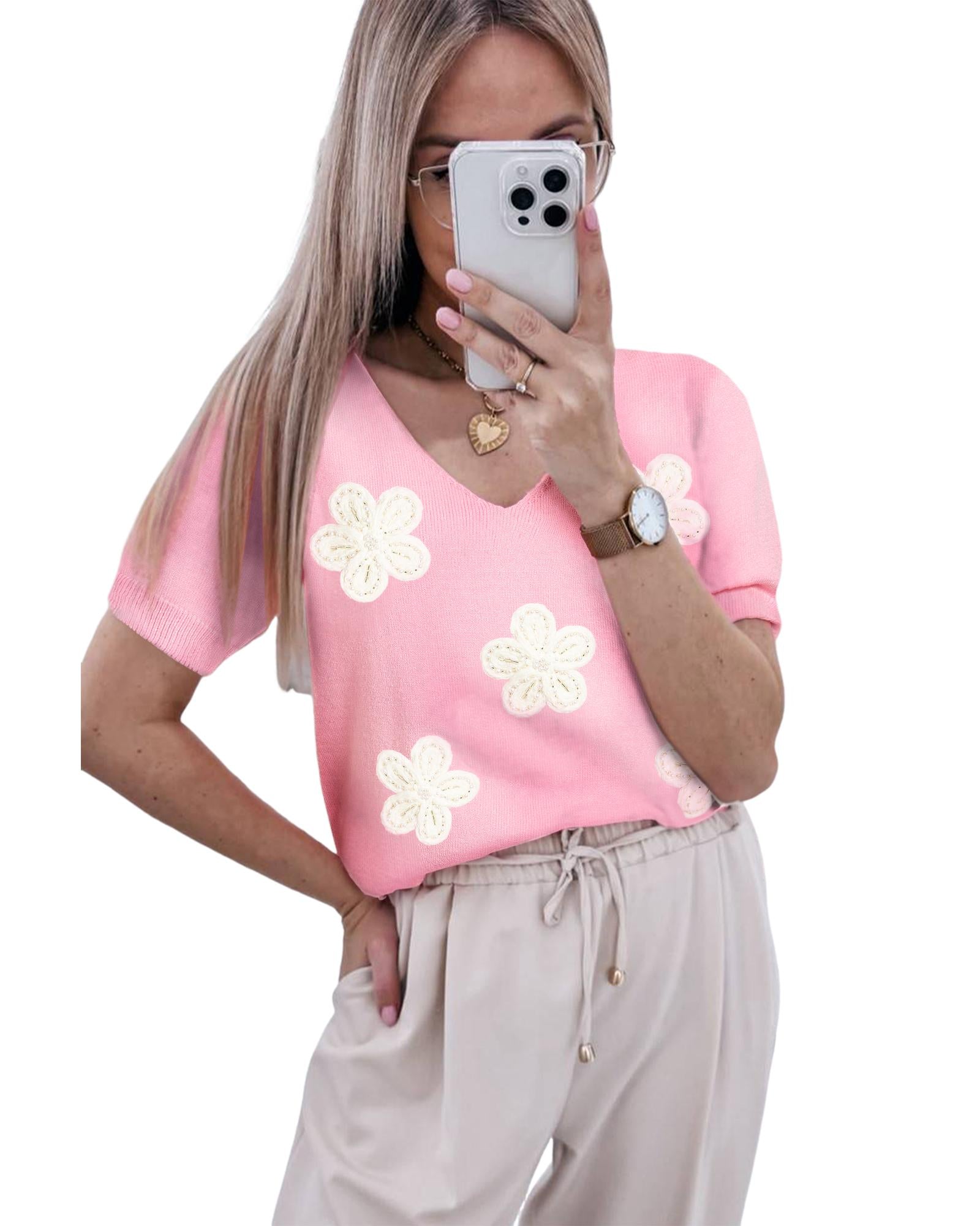 Pink Flower Crochet V Neck Short Sleeve Sweater - XL