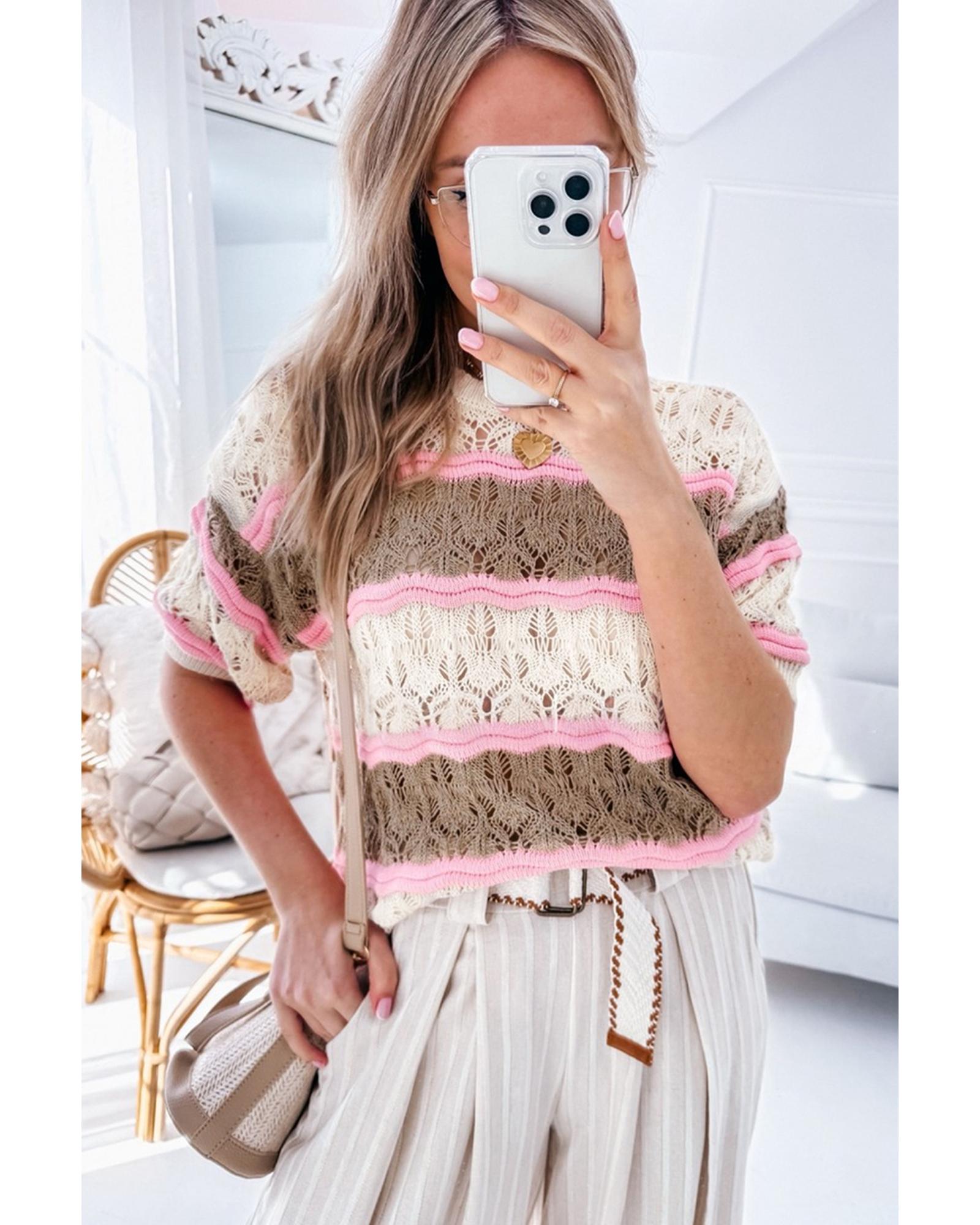 Brown Stripe Color Block Hollow Out Crochet Half Sleeve Sweater - L