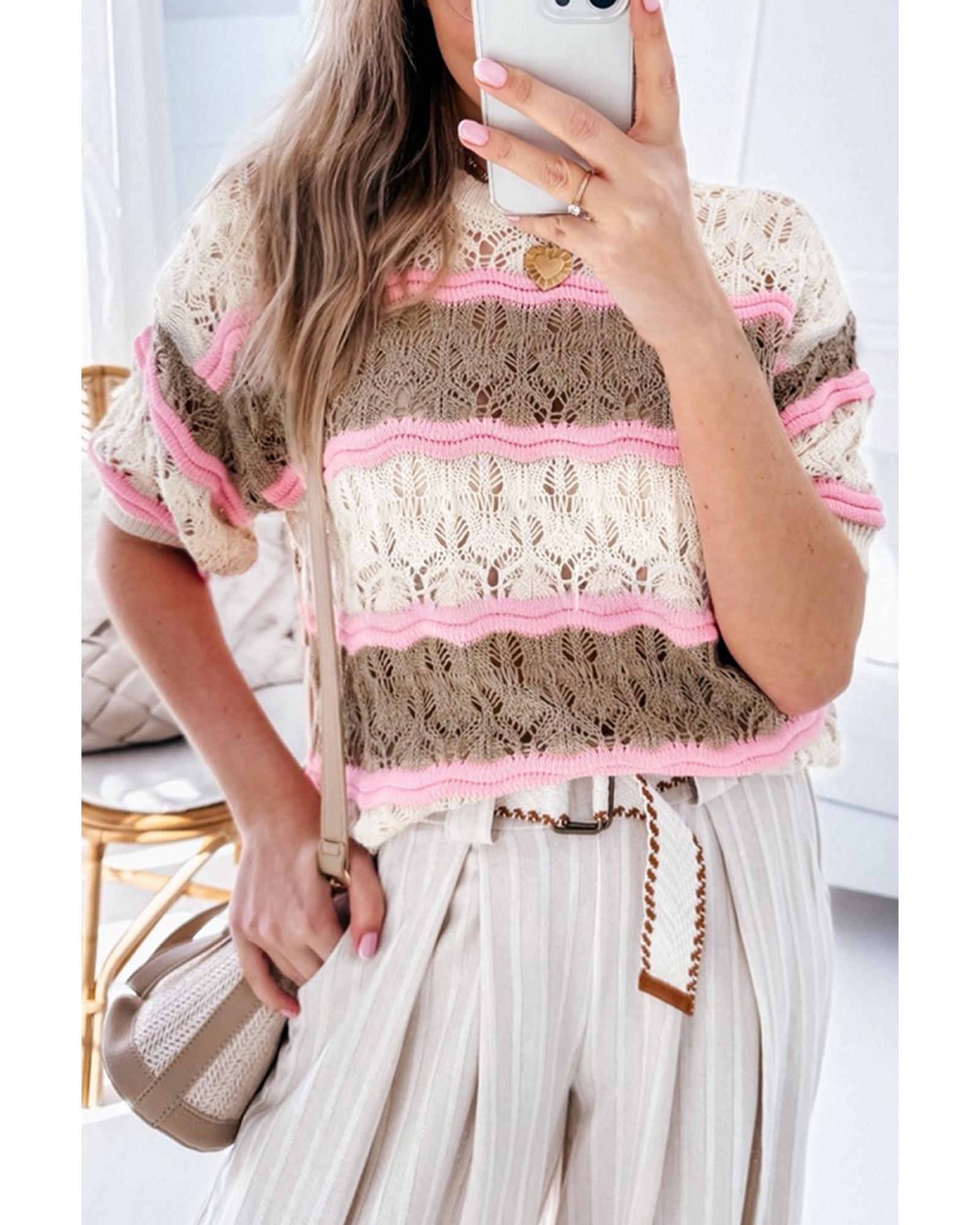 Brown Stripe Color Block Hollow Out Crochet Half Sleeve Sweater - L