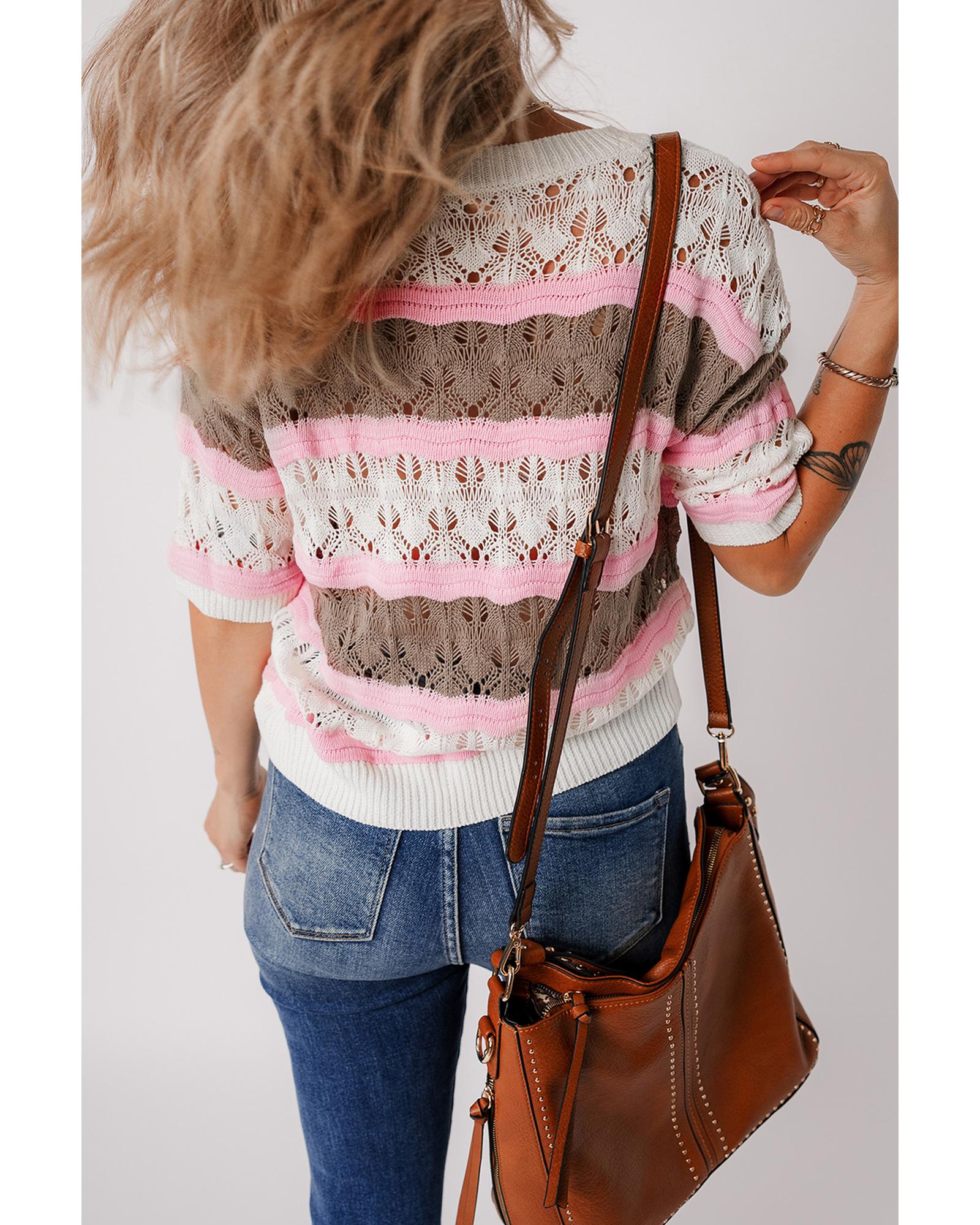 Brown Stripe Color Block Hollow Out Crochet Half Sleeve Sweater - M