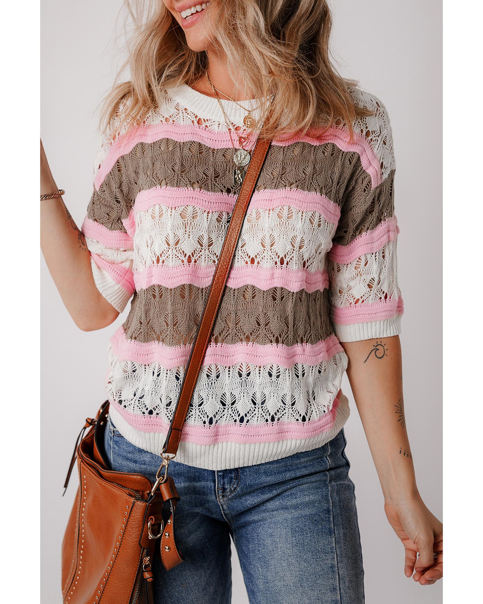 Brown Stripe Color Block Hollow Out Crochet Half Sleeve Sweater - M