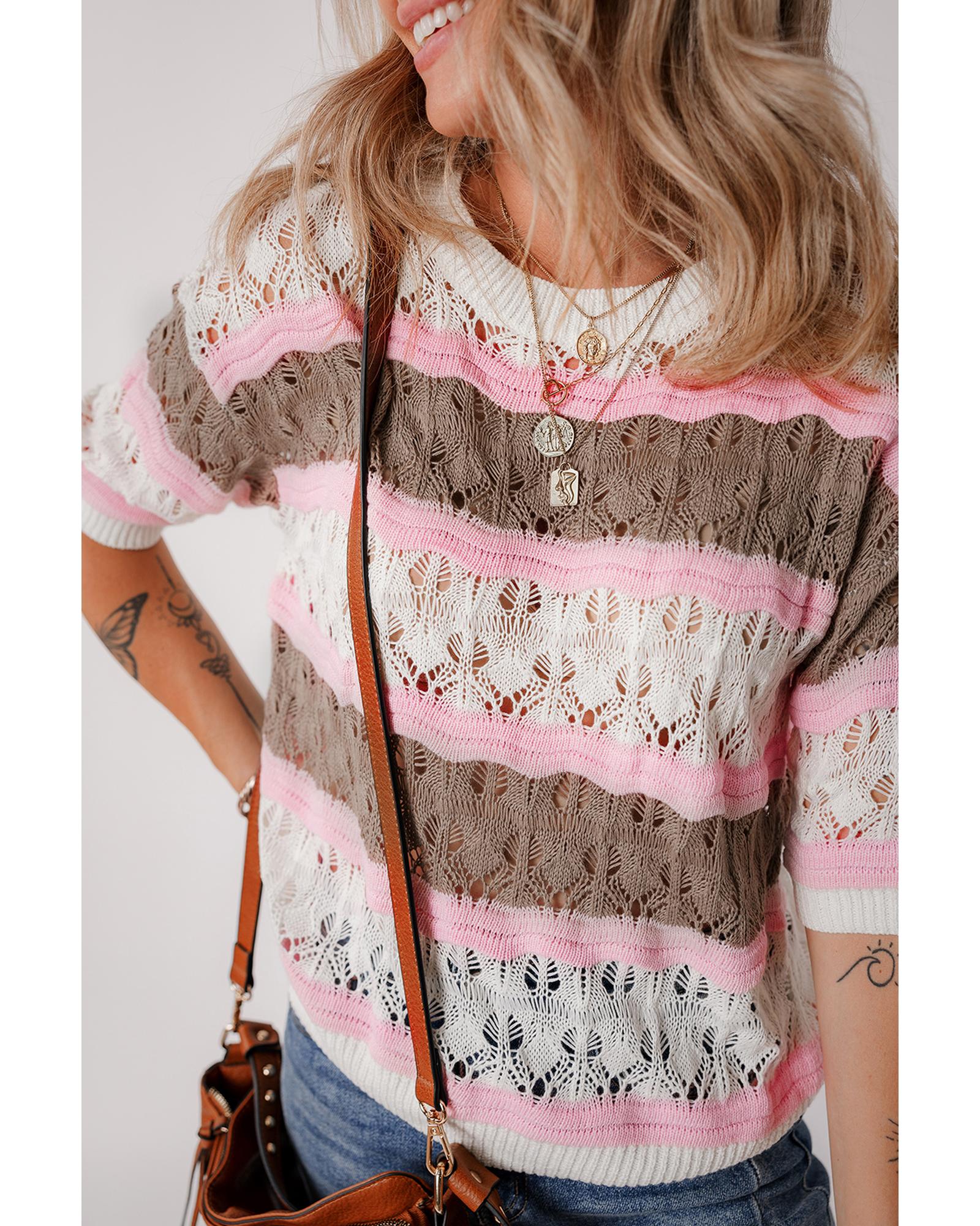 Brown Stripe Color Block Hollow Out Crochet Half Sleeve Sweater - M
