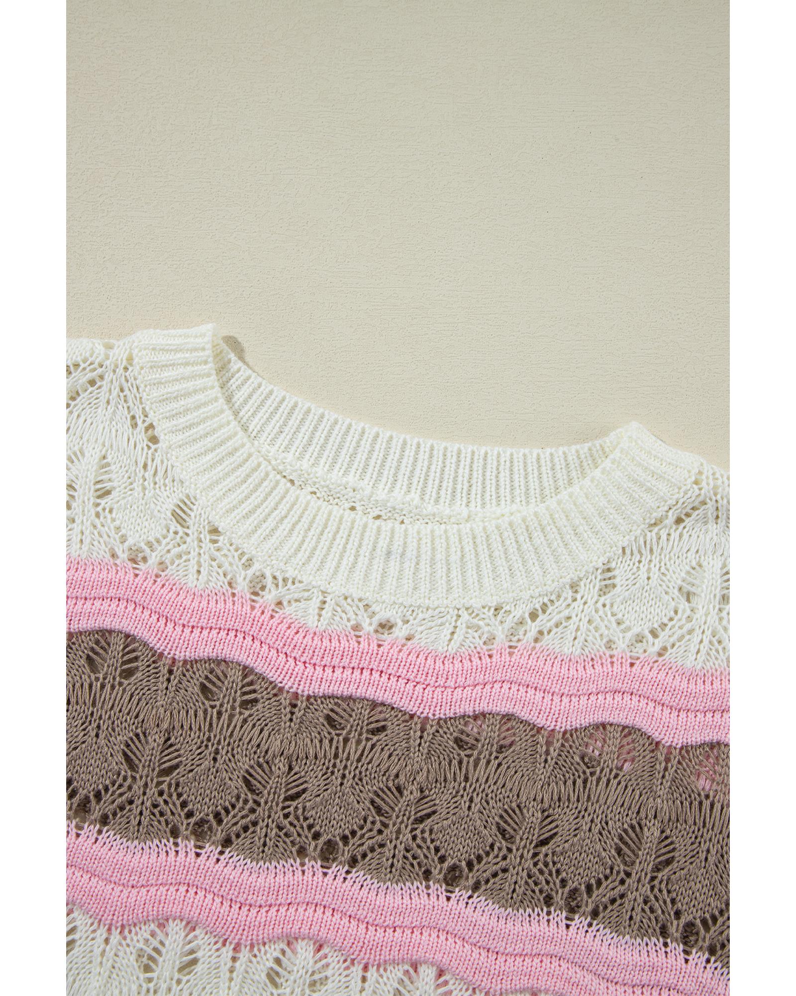 Brown Stripe Color Block Hollow Out Crochet Half Sleeve Sweater - M