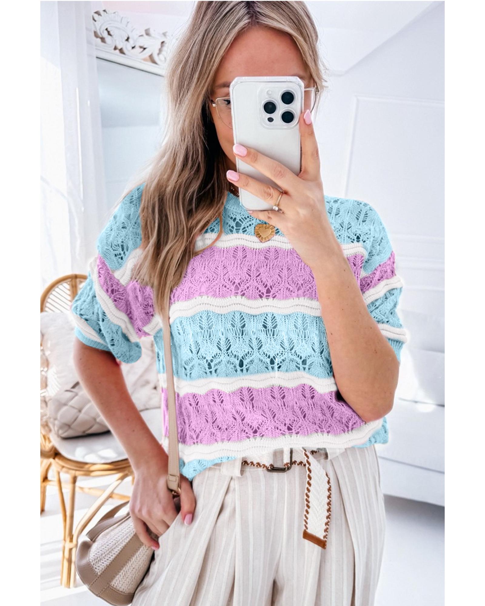 Purple Stripe Color Block Hollow Out Crochet Half Sleeve Sweater - L