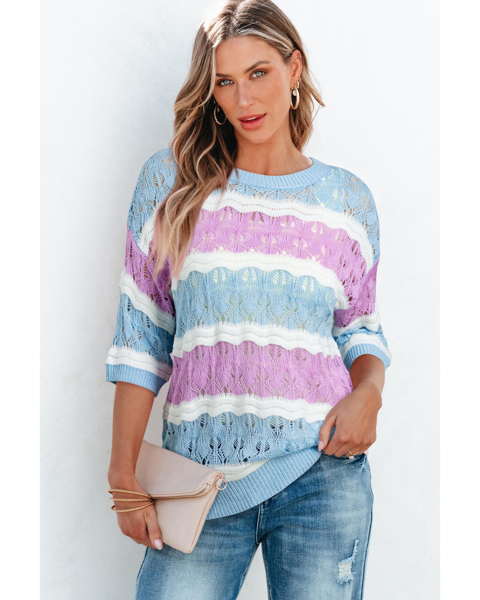 Purple Stripe Color Block Hollow Out Crochet Half Sleeve Sweater - L